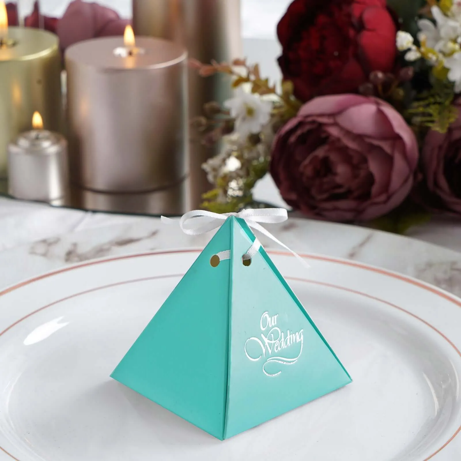 100 Pack Personalized Pyramid Shaped Wedding Favor Party Gift Boxes With Large Emblem And Satin Ribbon Tie