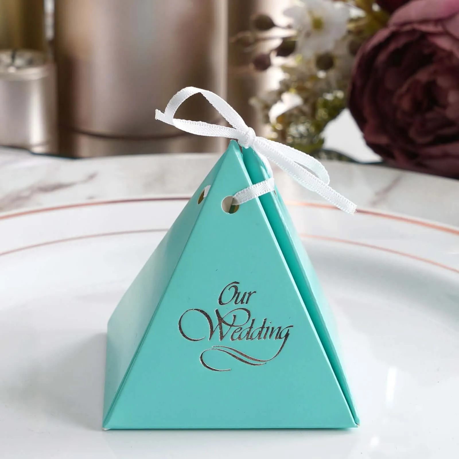 100 Pack Personalized Pyramid Shaped Wedding Favor Party Gift Boxes With Large Emblem And Satin Ribbon Tie