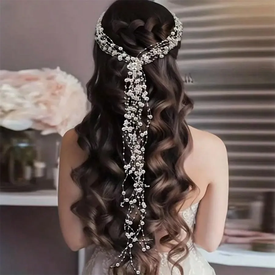 1pc Elegant Handmade Braided Faux Pearl Headband - Bridal Hair Accessory, Multi-Layer Long Hair Band, For Party, Christmas And Gift