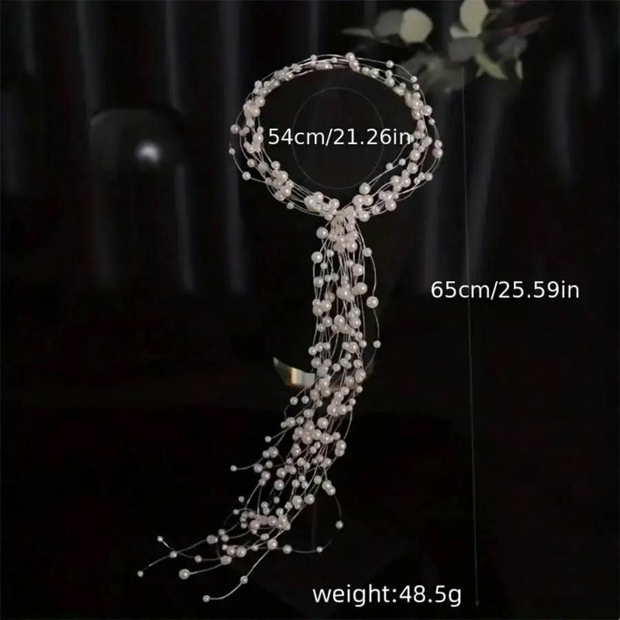 1pc Elegant Handmade Braided Faux Pearl Headband - Bridal Hair Accessory, Multi-Layer Long Hair Band, For Party, Christmas And Gift