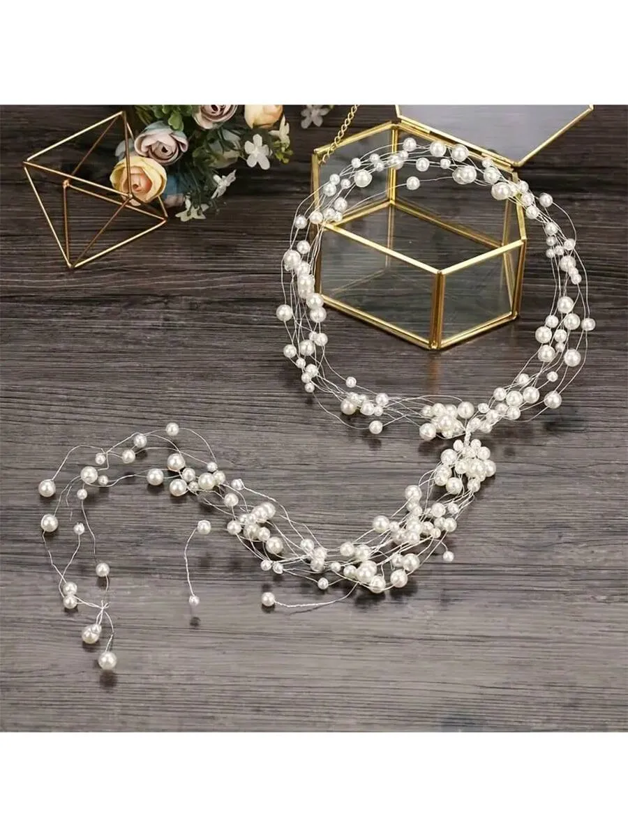 1pc Elegant Handmade Braided Faux Pearl Headband - Bridal Hair Accessory, Multi-Layer Long Hair Band, For Party, Christmas And Gift