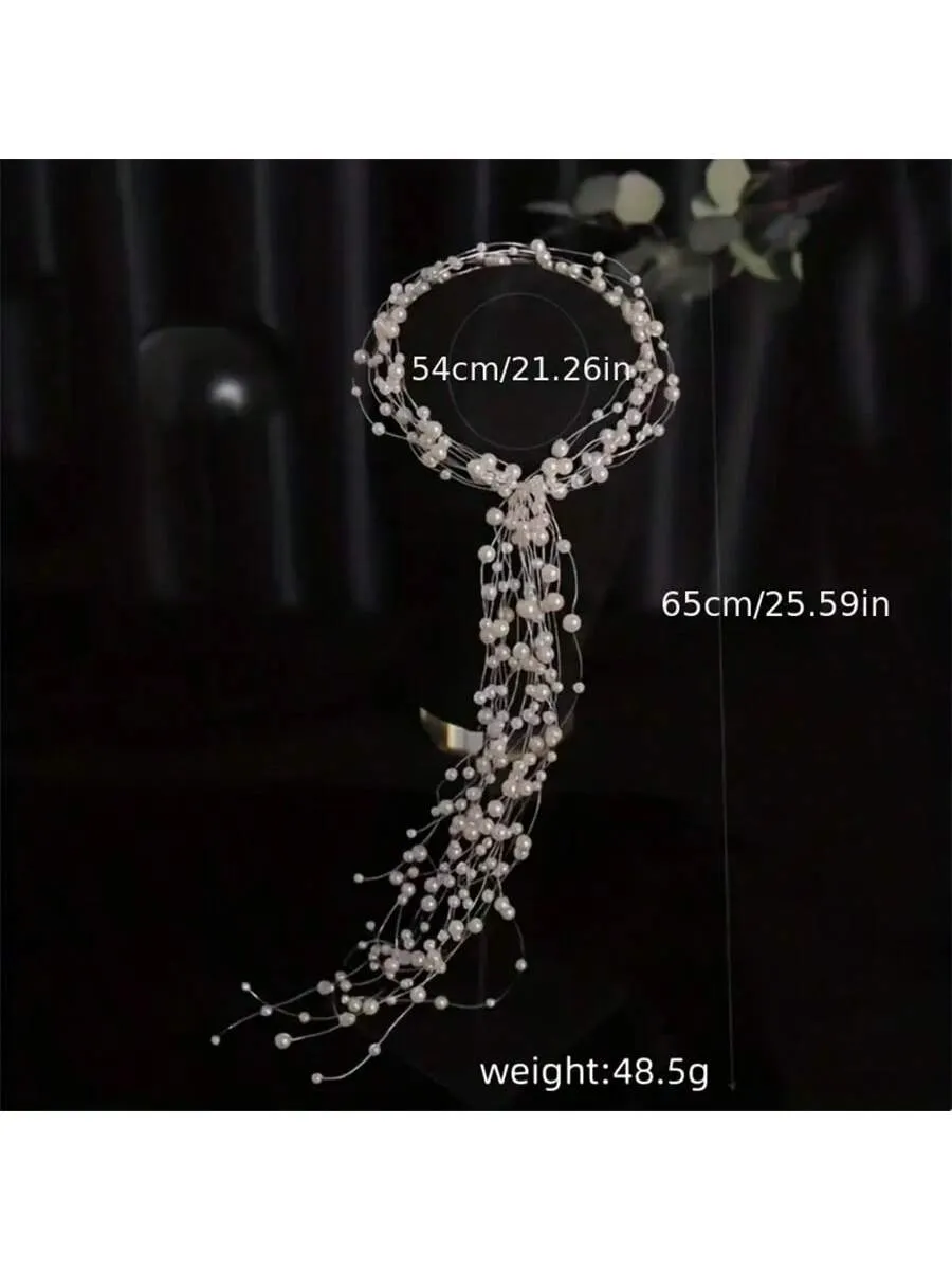 1pc Elegant Handmade Braided Faux Pearl Headband - Bridal Hair Accessory, Multi-Layer Long Hair Band, For Party, Christmas And Gift