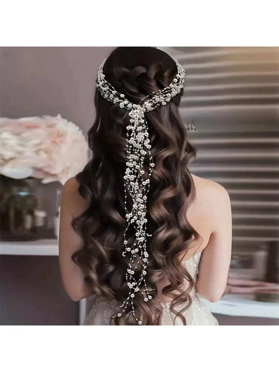 1pc Elegant Handmade Braided Faux Pearl Headband - Bridal Hair Accessory, Multi-Layer Long Hair Band, For Party, Christmas And Gift