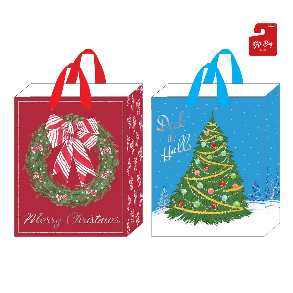 2Pk Extra Large Christmas Gift Bags W/Hot Stamp, Wreath & Tree Retro Holiday