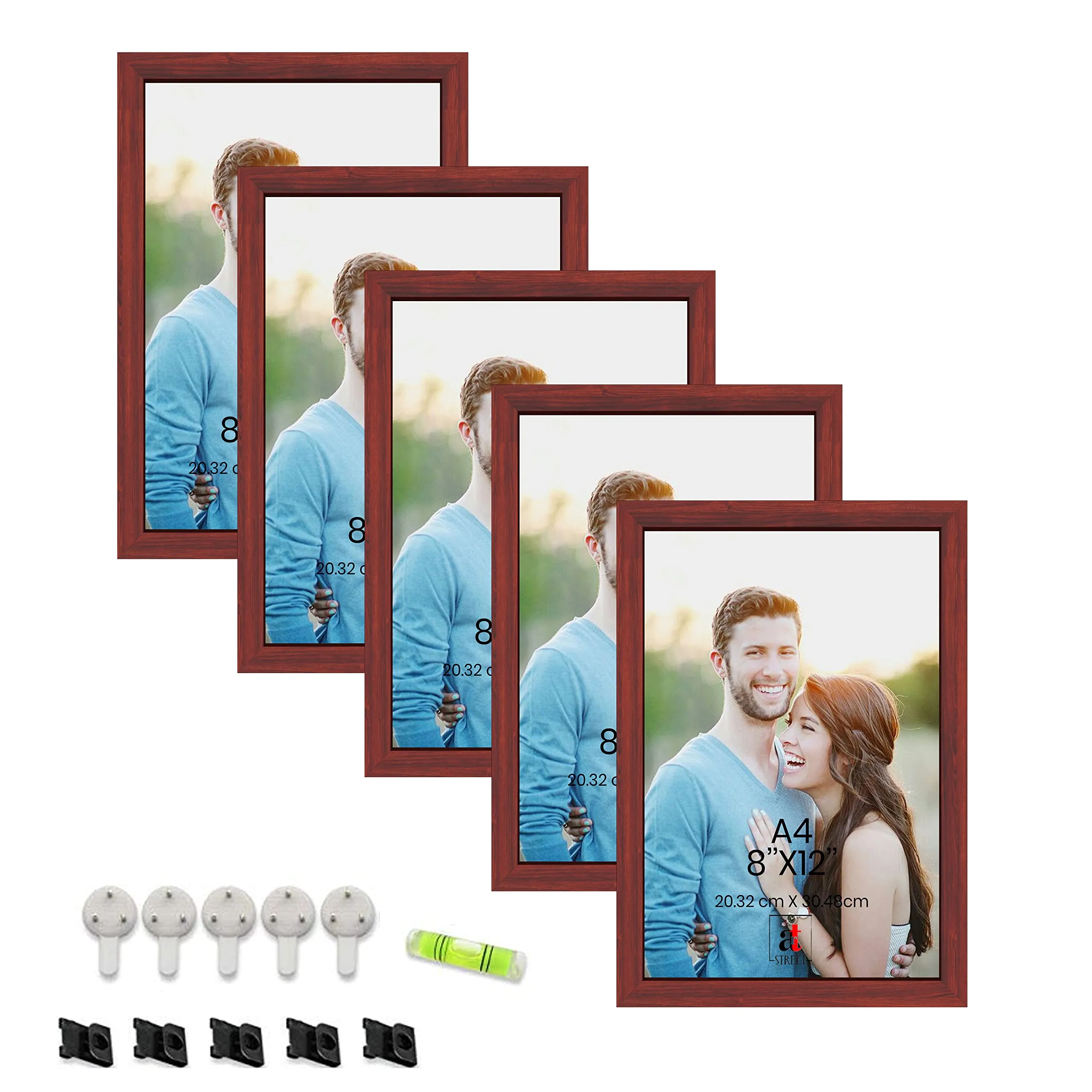 Art Street A4 Size Photo Frame For Wall Set of 5 Brown Picture Frame For Home and Office Decoration with Free Hanging Accessories-Size -8x12 Inches