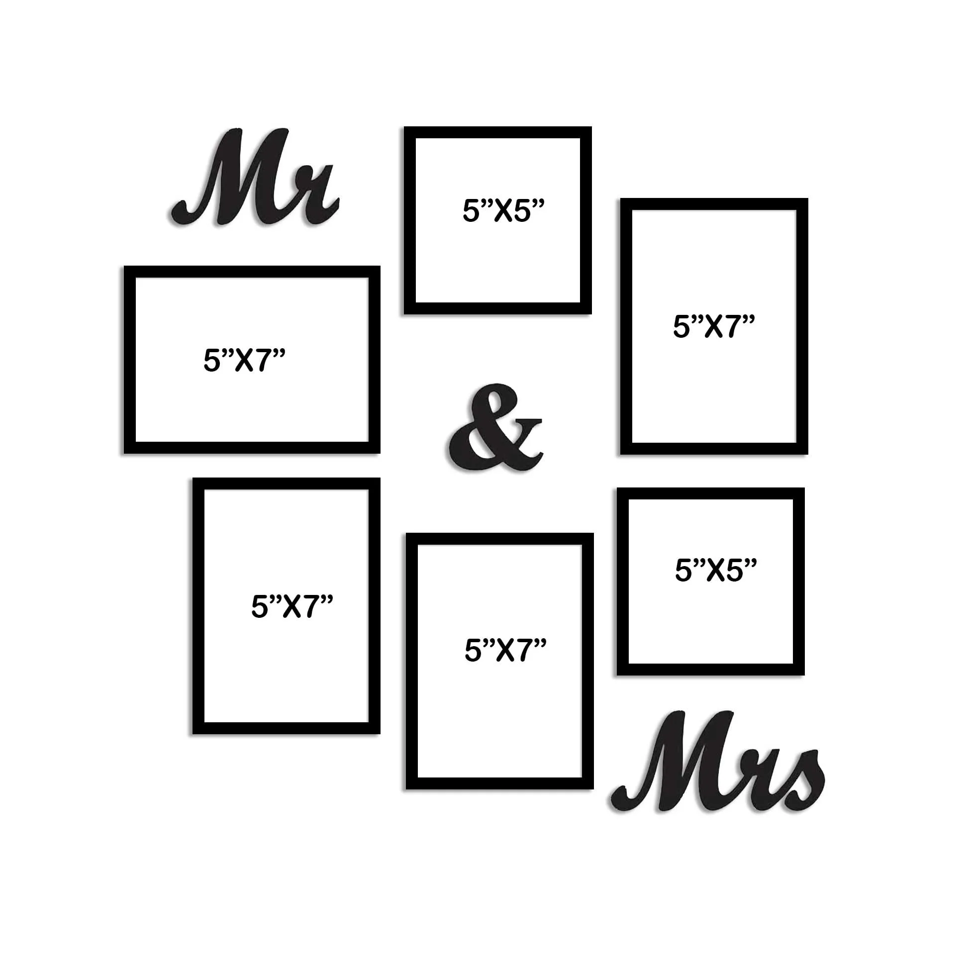 Art Street Set of 6 Wall Photo Frames with Mr. & Mrs. MDF Plaque for Home Living Room Decoration Eco Series Photoframes for Wall Décor (Black, Size_4 Unit-5x7, 2 Unit-5x5 Inchs)