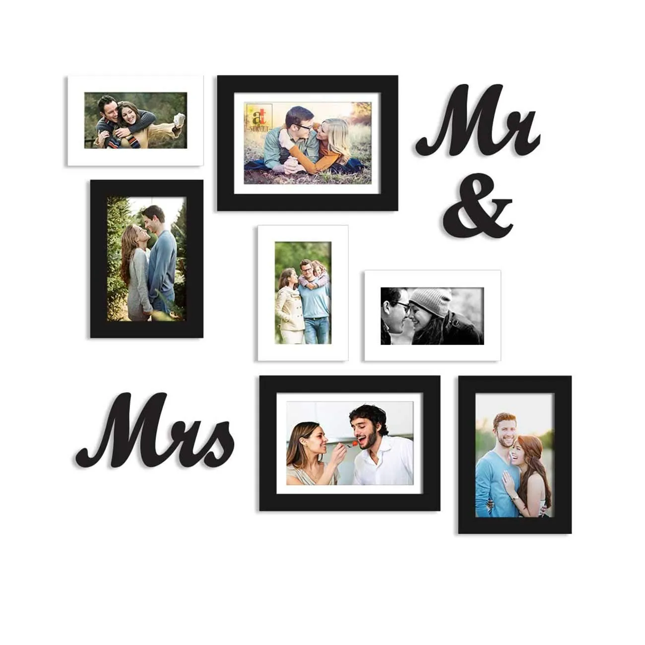 Art Street Set of 7 Black & White Wall Photo Frame, Picture Frame for Home Decor with MR & Mrs MDF Plaque, Size-4x6, 5x7, 6x8 inchs