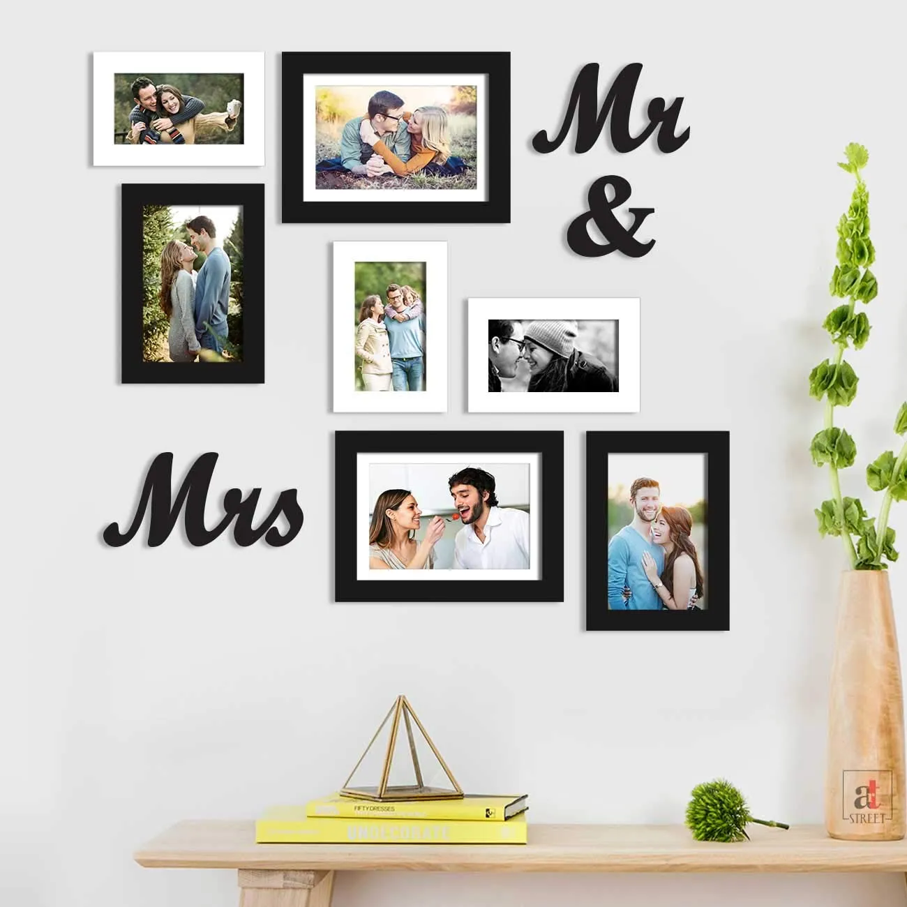 Art Street Set of 7 Black & White Wall Photo Frame, Picture Frame for Home Decor with MR & Mrs MDF Plaque, Size-4x6, 5x7, 6x8 inchs