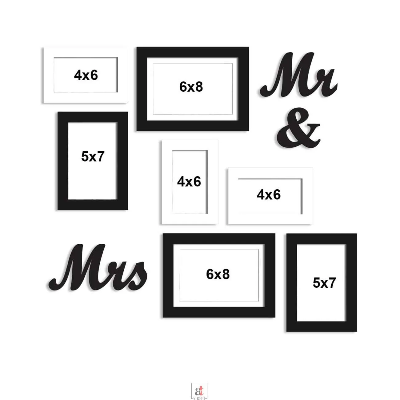 Art Street Set of 7 Black & White Wall Photo Frame, Picture Frame for Home Decor with MR & Mrs MDF Plaque, Size-4x6, 5x7, 6x8 inchs