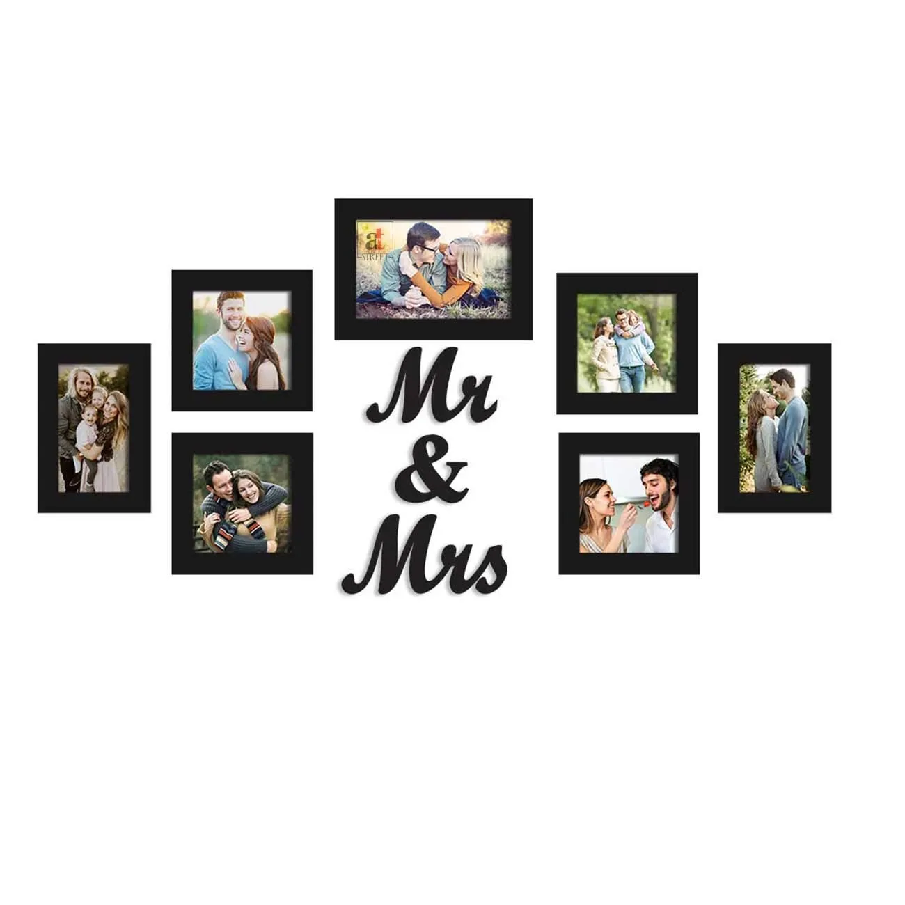 Art Street Set of 7 Black Wall Photo Frame, Picture Frame for Home Decor with MR & Mrs MDF Plaque, Size-4x6, 5x5, 5x7 inchs