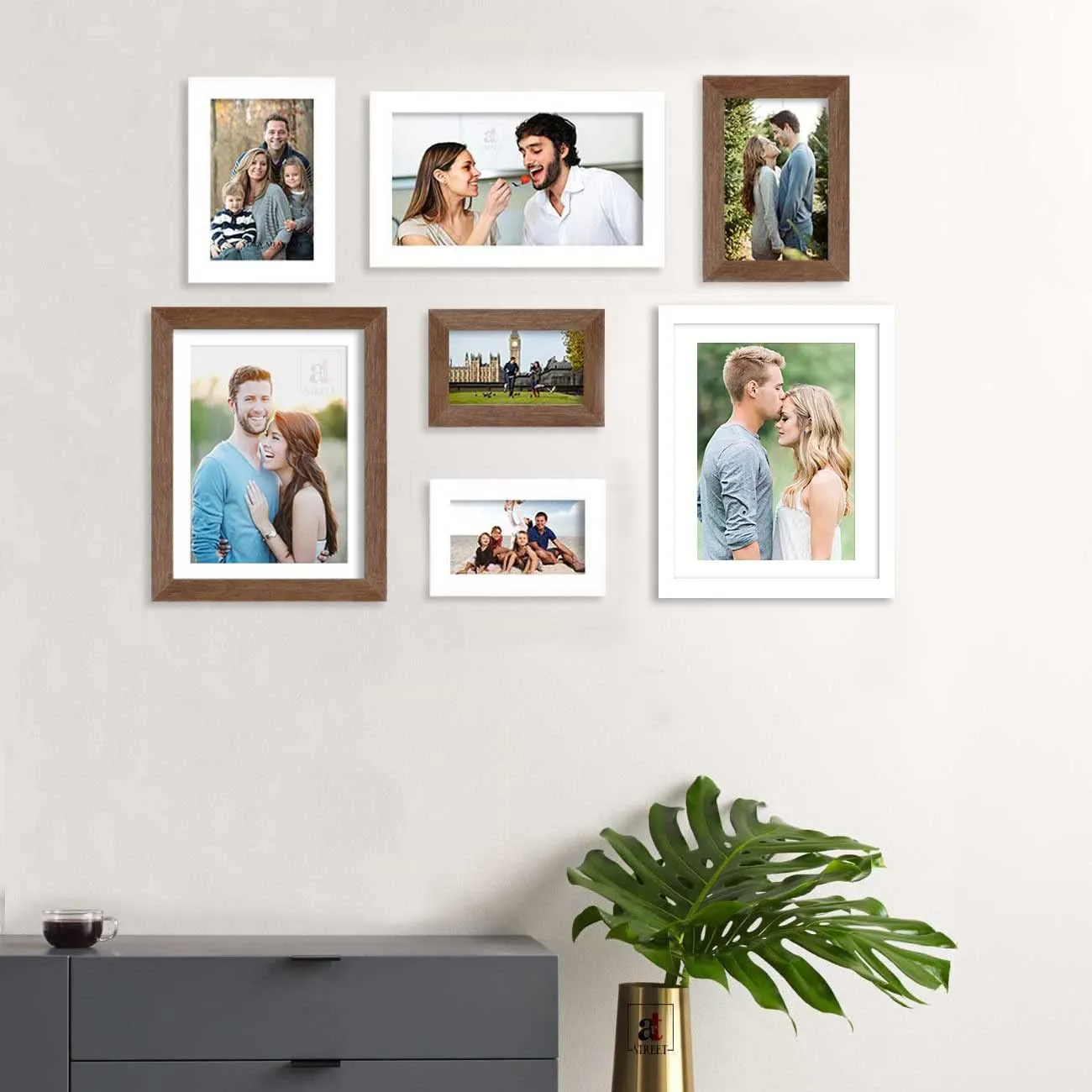 Art Street Set of 7 White & Brown Wall Photo Frame for Home Decor, Picture Frame for Living Room Wall Decoration Mix Size (White & Brown, 4x6, 5 x7, 8x10 Inchs)