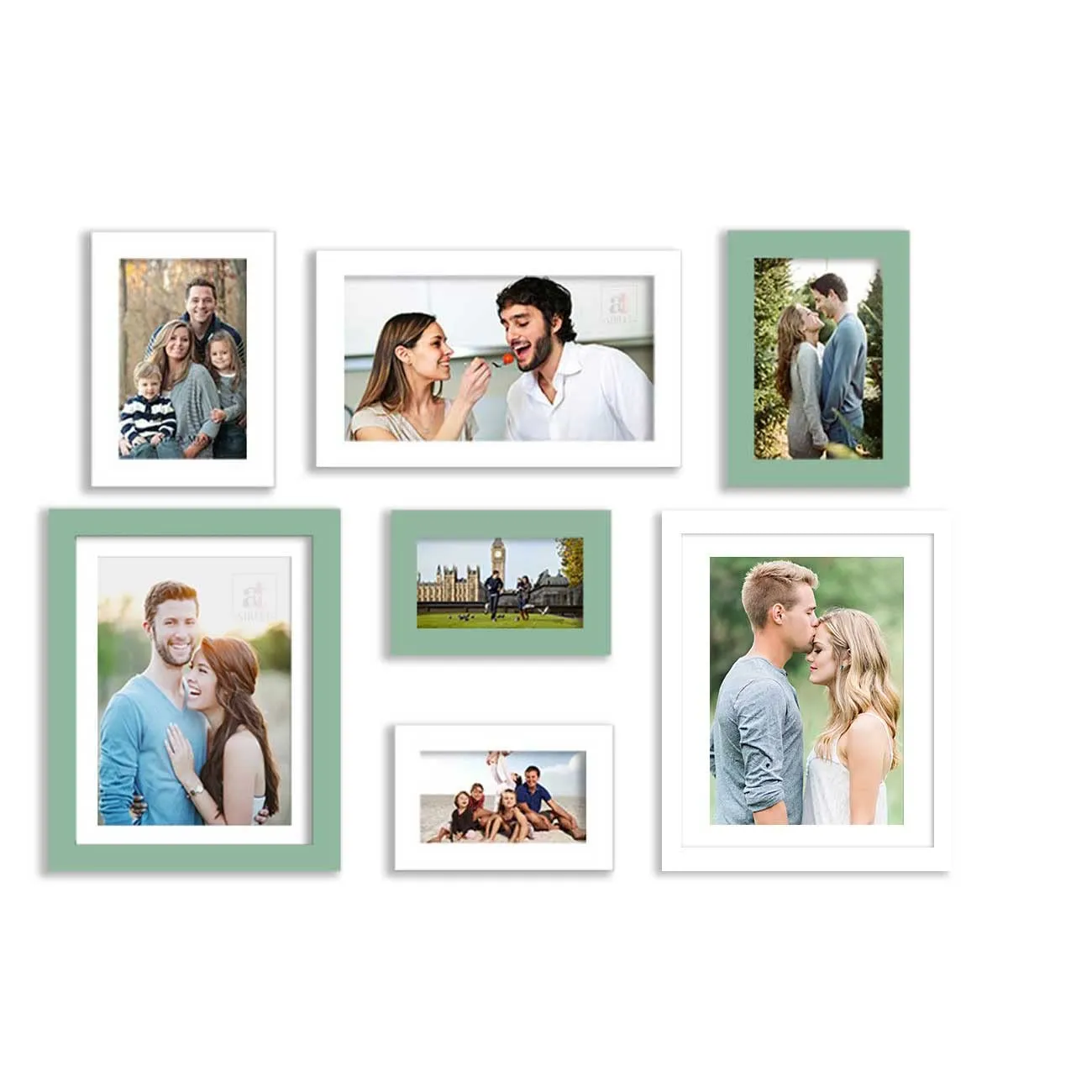 Art Street Set of 7 White & Green Wall Photo Frame for Home Decor, Picture Frame for Living Room Wall Decoration Mix Size (White & Green, 4x6, 5 x7, 8x10 Inchs)