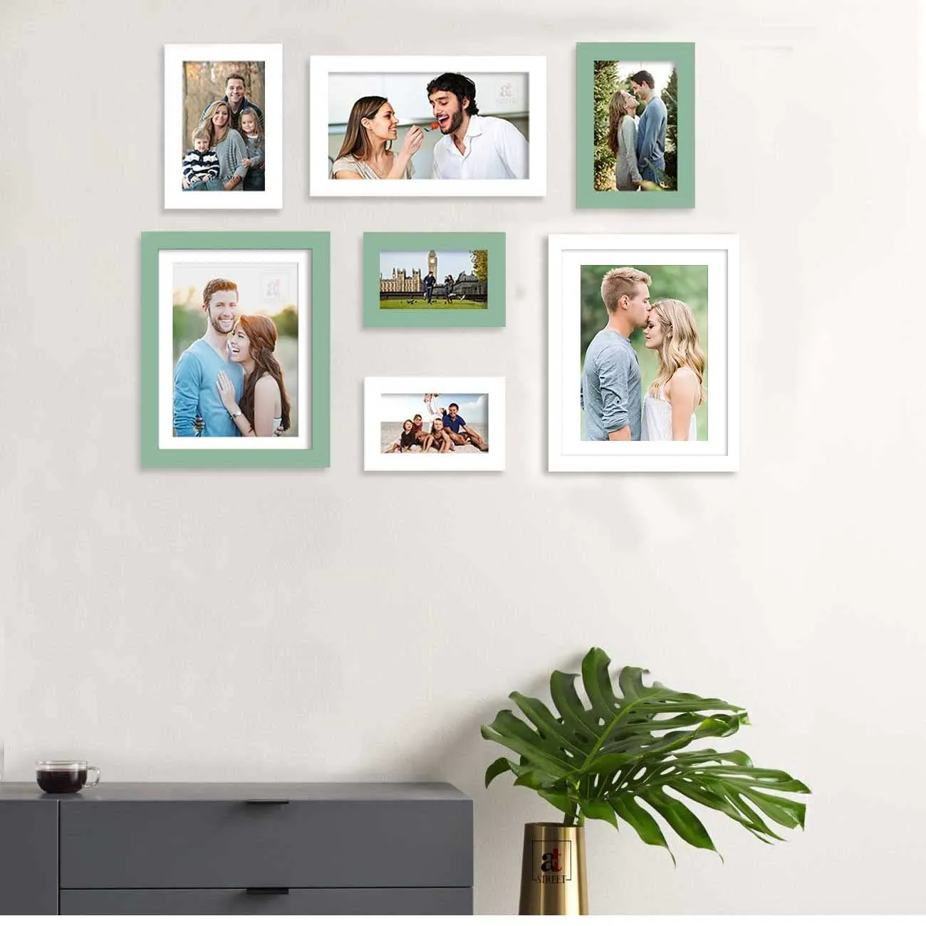 Art Street Set of 7 White & Green Wall Photo Frame for Home Decor, Picture Frame for Living Room Wall Decoration Mix Size (White & Green, 4x6, 5 x7, 8x10 Inchs)