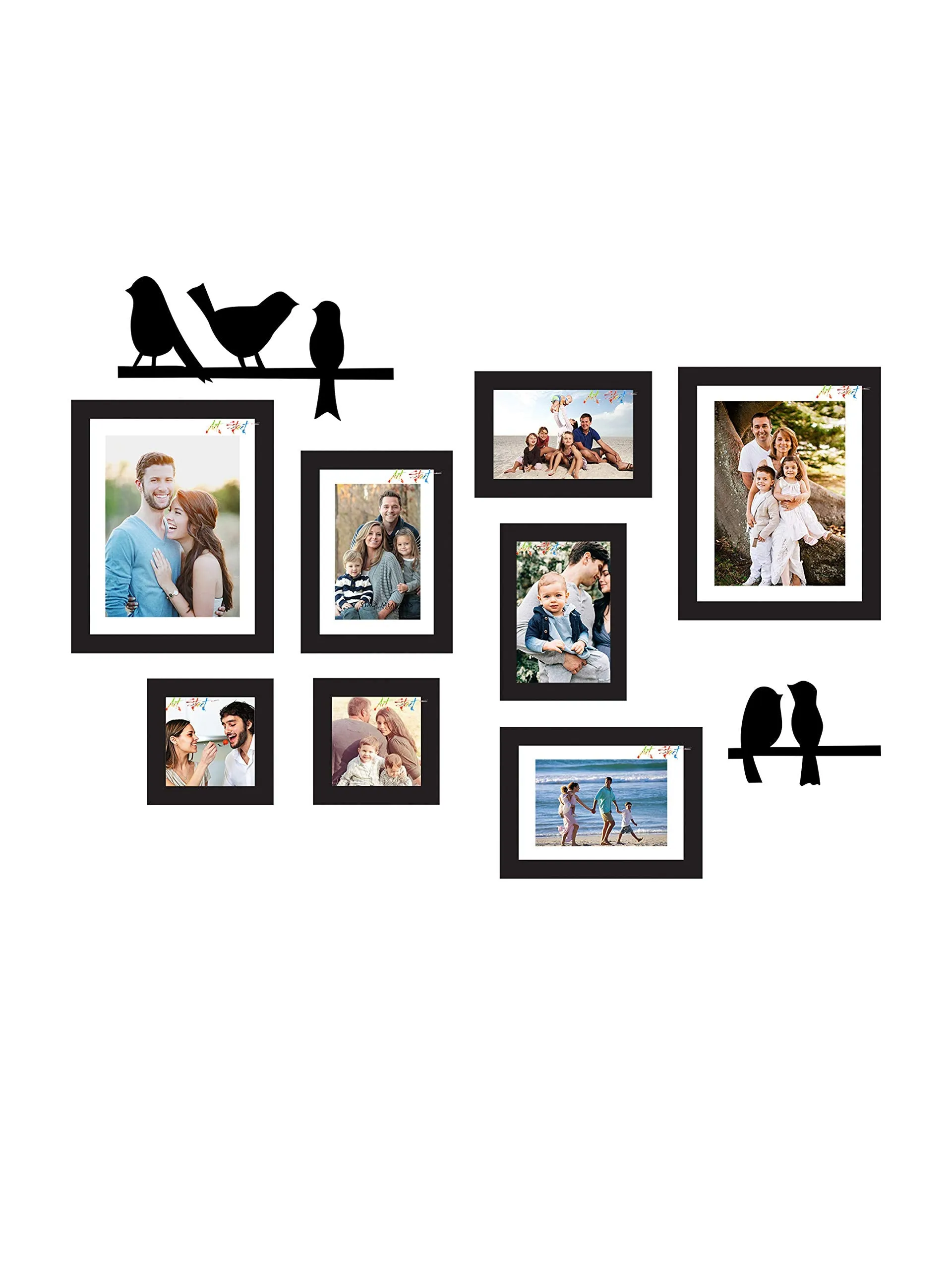 Art Street Synthetic Wood Adobe Wall Photo Frames Collage Picture Gallery Kit for Home with Love and Bird Design 5x5, 5x7, 6x8, 8x10 (Black) set of 8