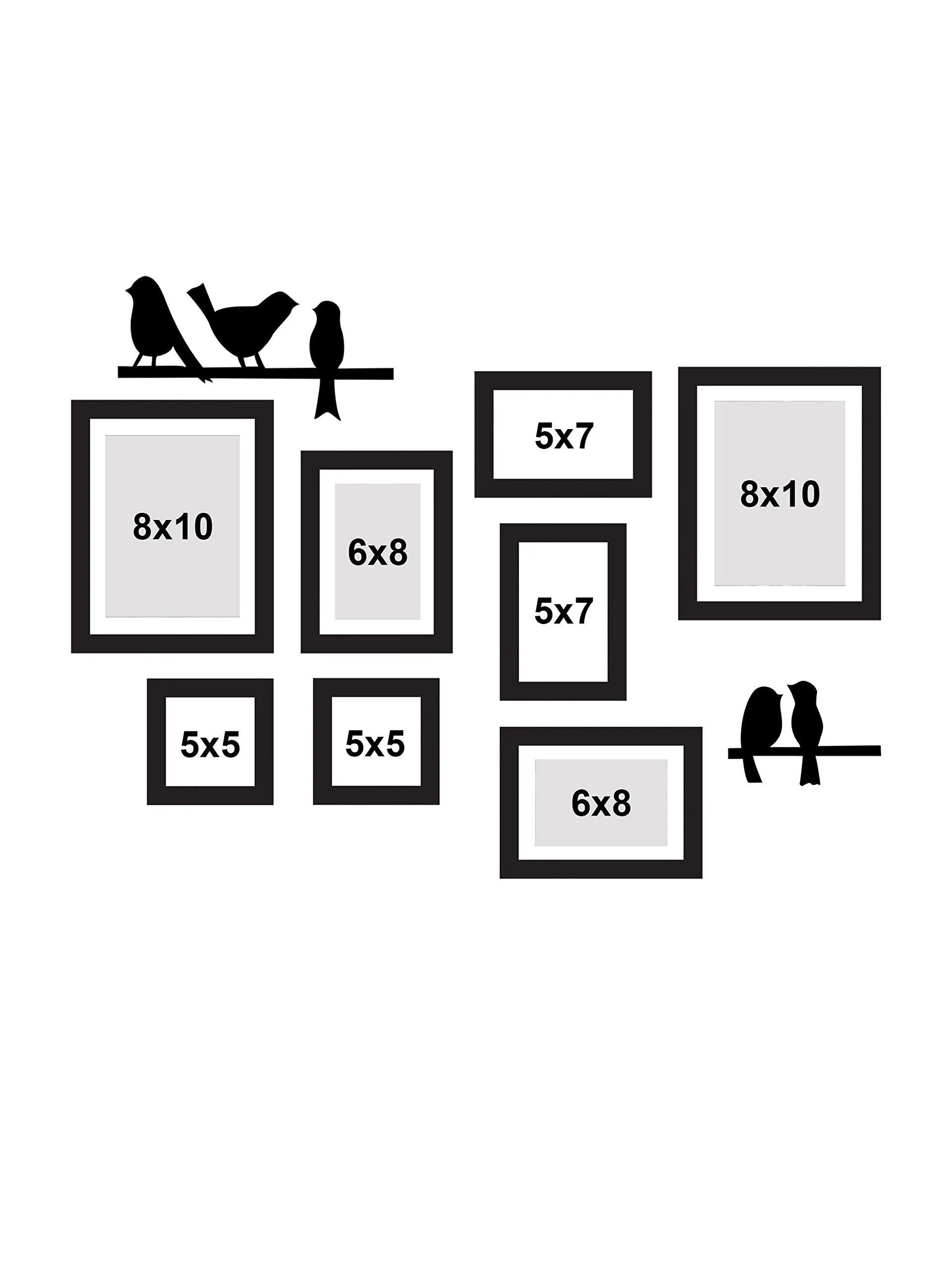 Art Street Synthetic Wood Adobe Wall Photo Frames Collage Picture Gallery Kit for Home with Love and Bird Design 5x5, 5x7, 6x8, 8x10 (Black) set of 8