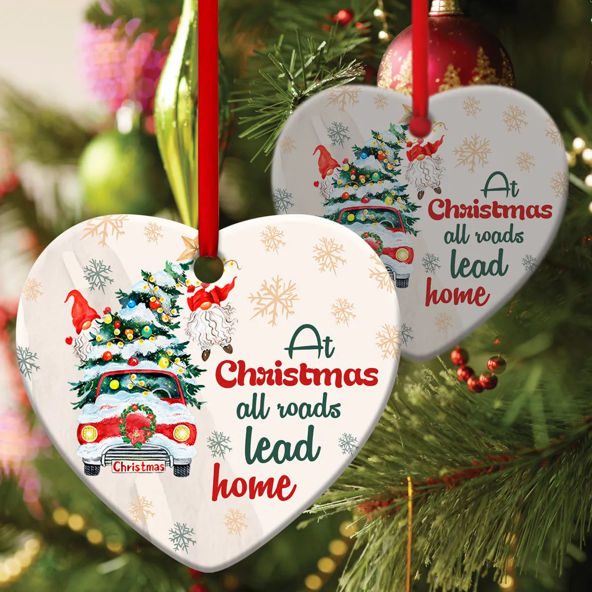 At Christmas, All Roads Lead Home - Pine Tree Ceramic Heart Ornament - Christian Hanging Gift