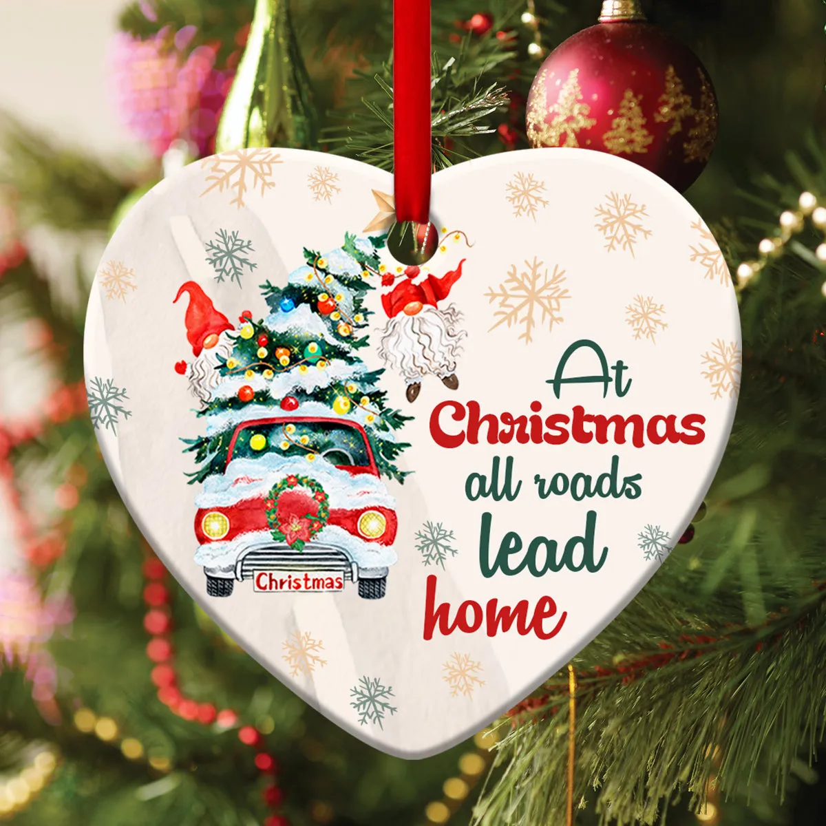 At Christmas, All Roads Lead Home - Pine Tree Ceramic Heart Ornament - Christian Hanging Gift