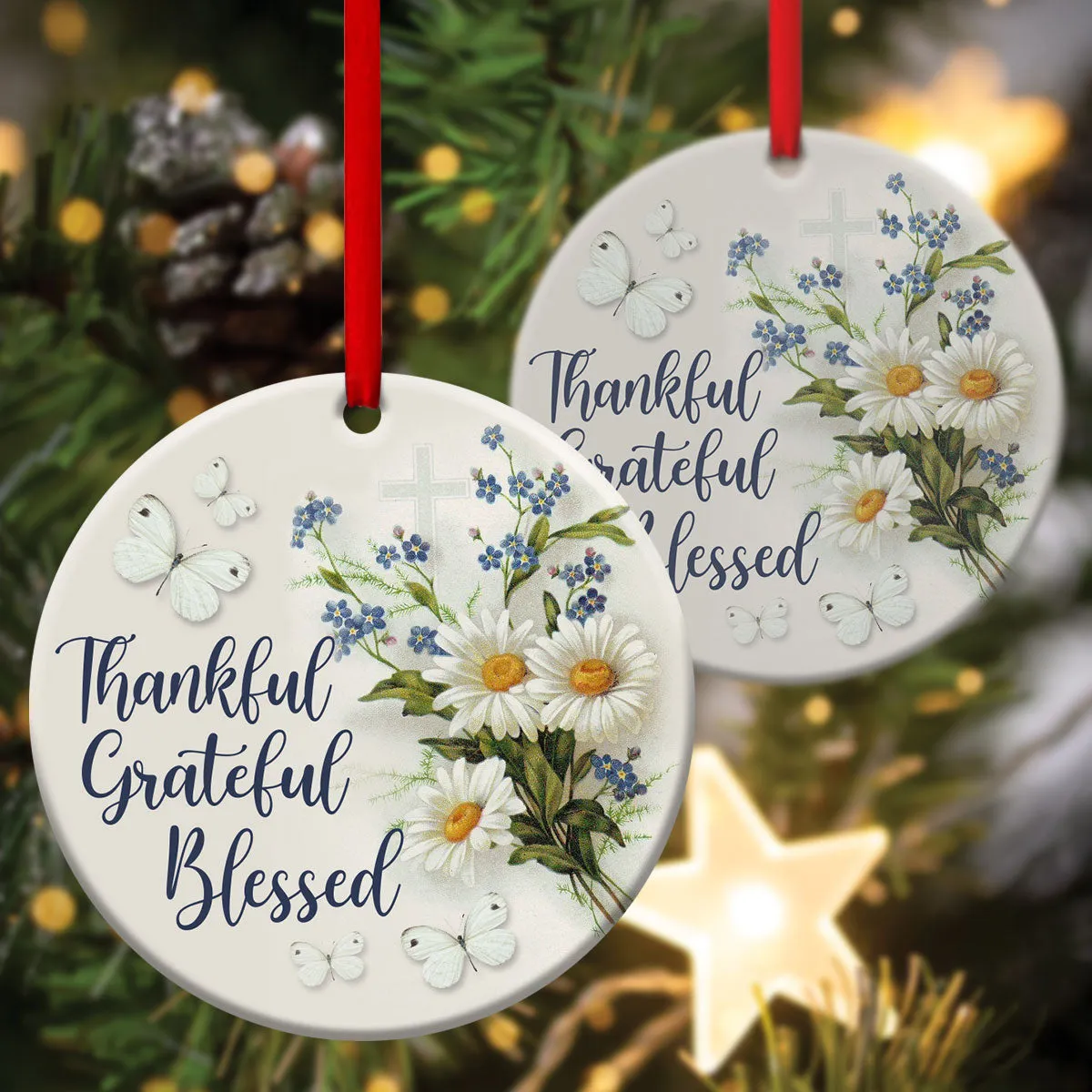 Beautiful Flower Ceramic Circle Ornament - Thankful, Grateful And Blessed - Christmas Decor - Funny Ornament