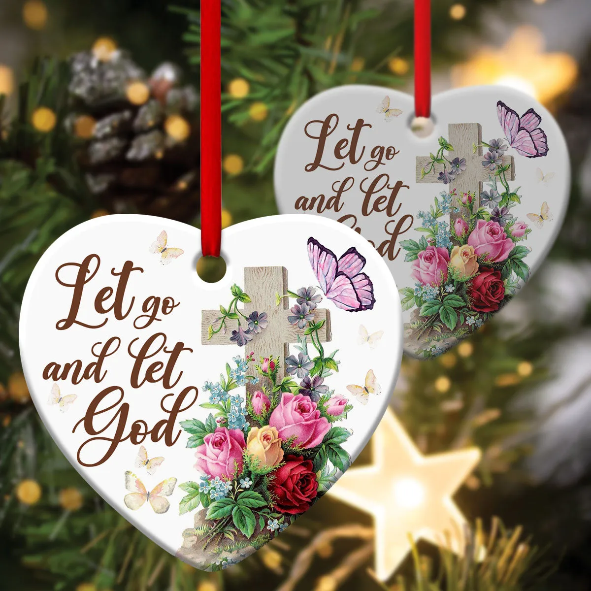 Beautiful Flower Cross Of God - Christian Ceramic Heart Ornament - Christmas Decor - Funny Ornament