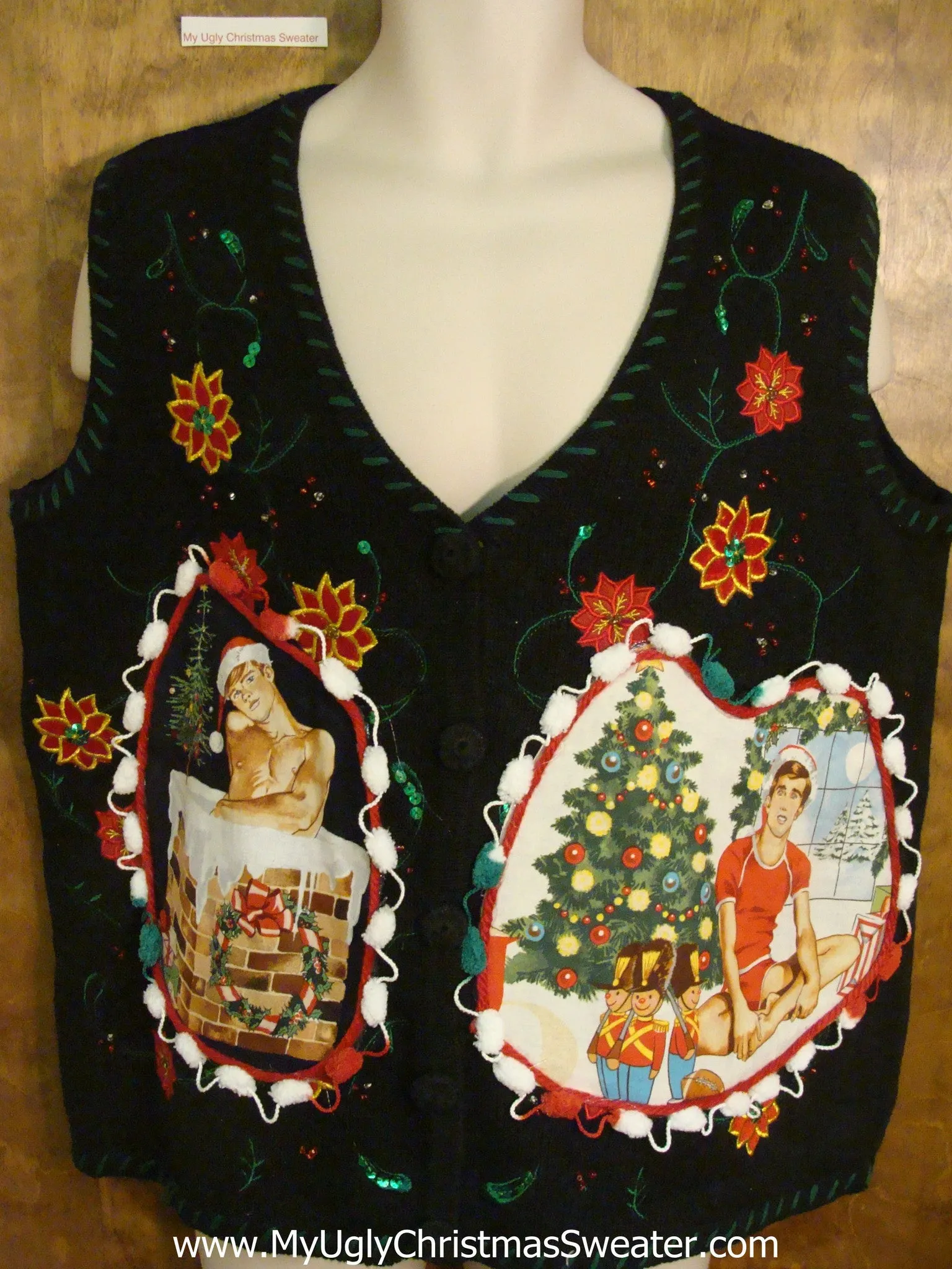 Big Size Poinsettias Themed Hottie Guy Ugly Christmas Sweater Vest