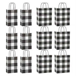 Black & White Buffalo Plaid Fall and Christmas Holiday Paper Gift Bags, Small Size 5.5x3.25x8.5" (12 Pack)