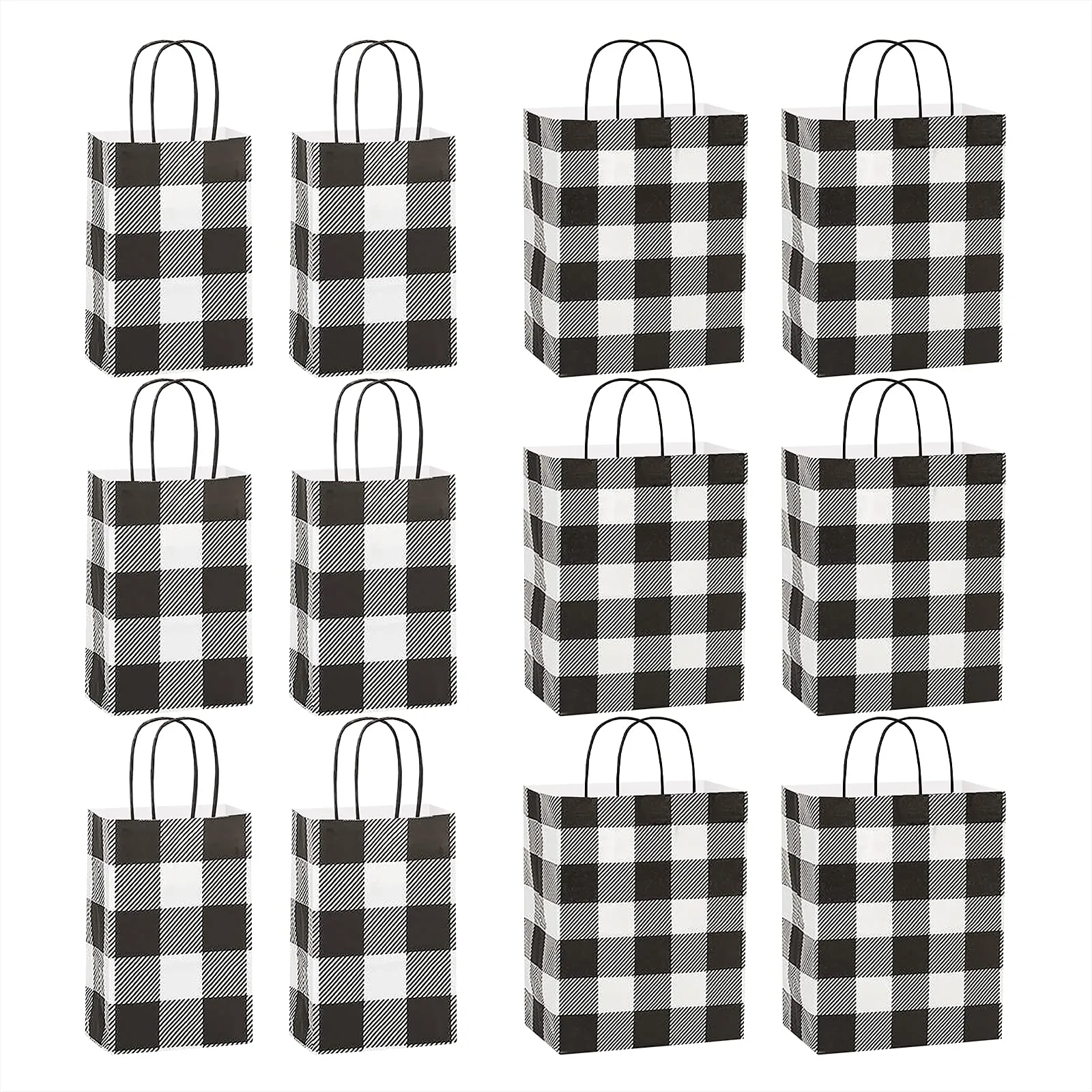 Black & White Buffalo Plaid Fall and Christmas Holiday Paper Gift Bags, Small Size 5.5x3.25x8.5" (12 Pack)