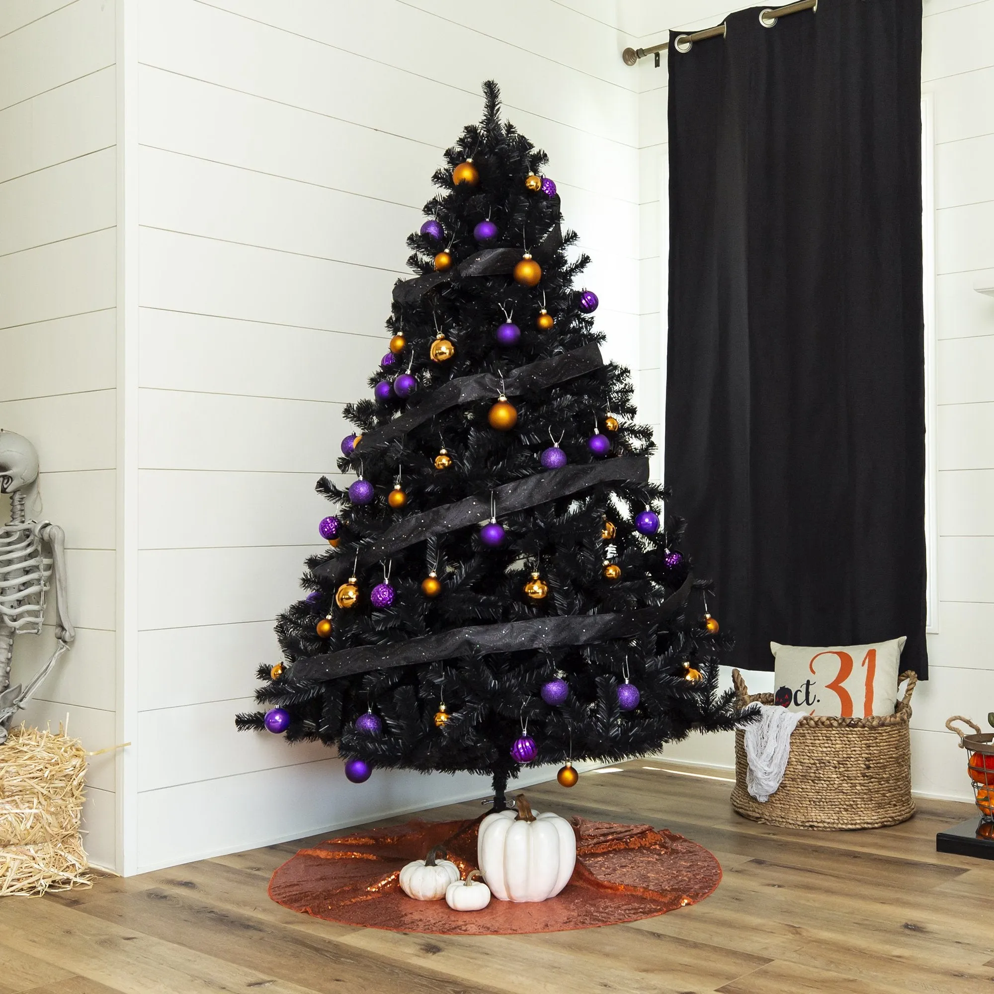 Black Artificial Christmas Tree w/ Easy Assembly, Foldable Metal Stand