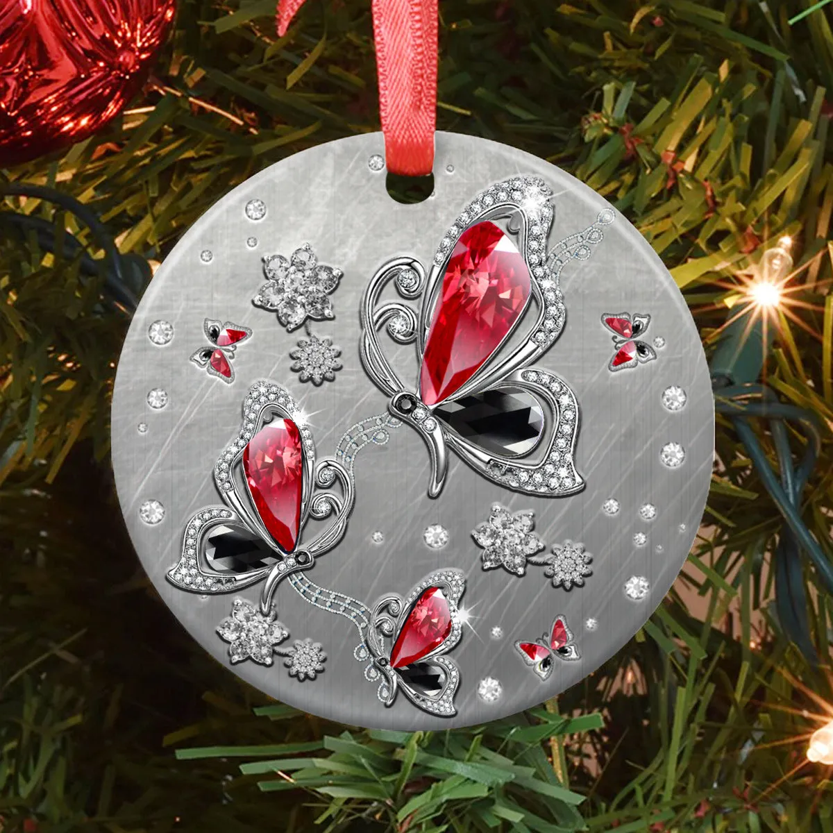 Butterfly Black Red Diamond Circle Ornament - Christmas Ornament - Ciaocustom