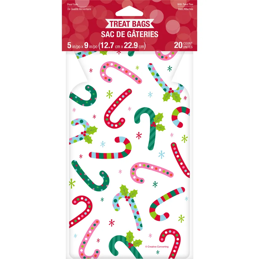 Christmas Candy Canes Shaped Cello Bags | 20ct