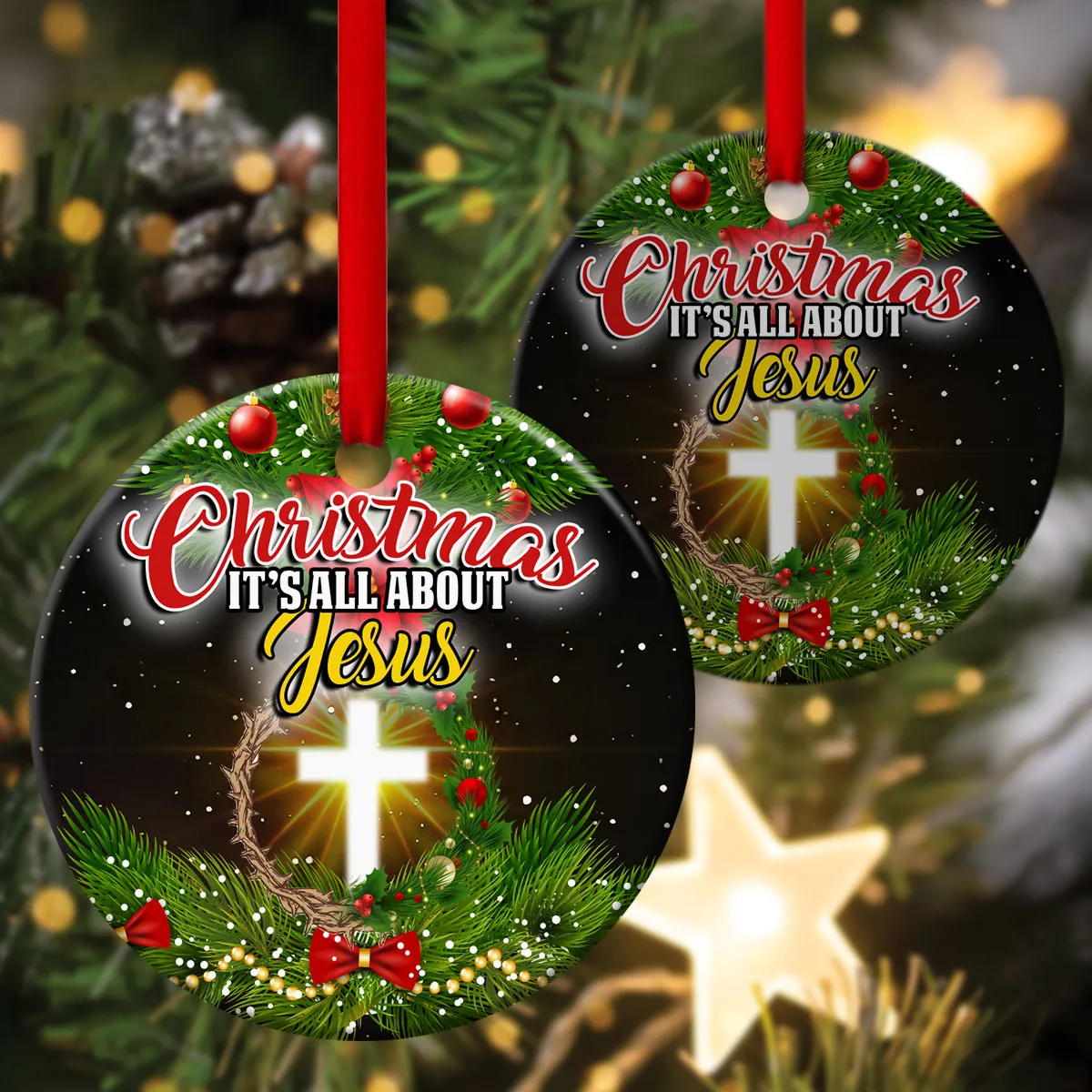 Christmas Ceramic Circle Ornament - It's All About Jesus - Ornaments Hanging Gift - Nativity Ornaments