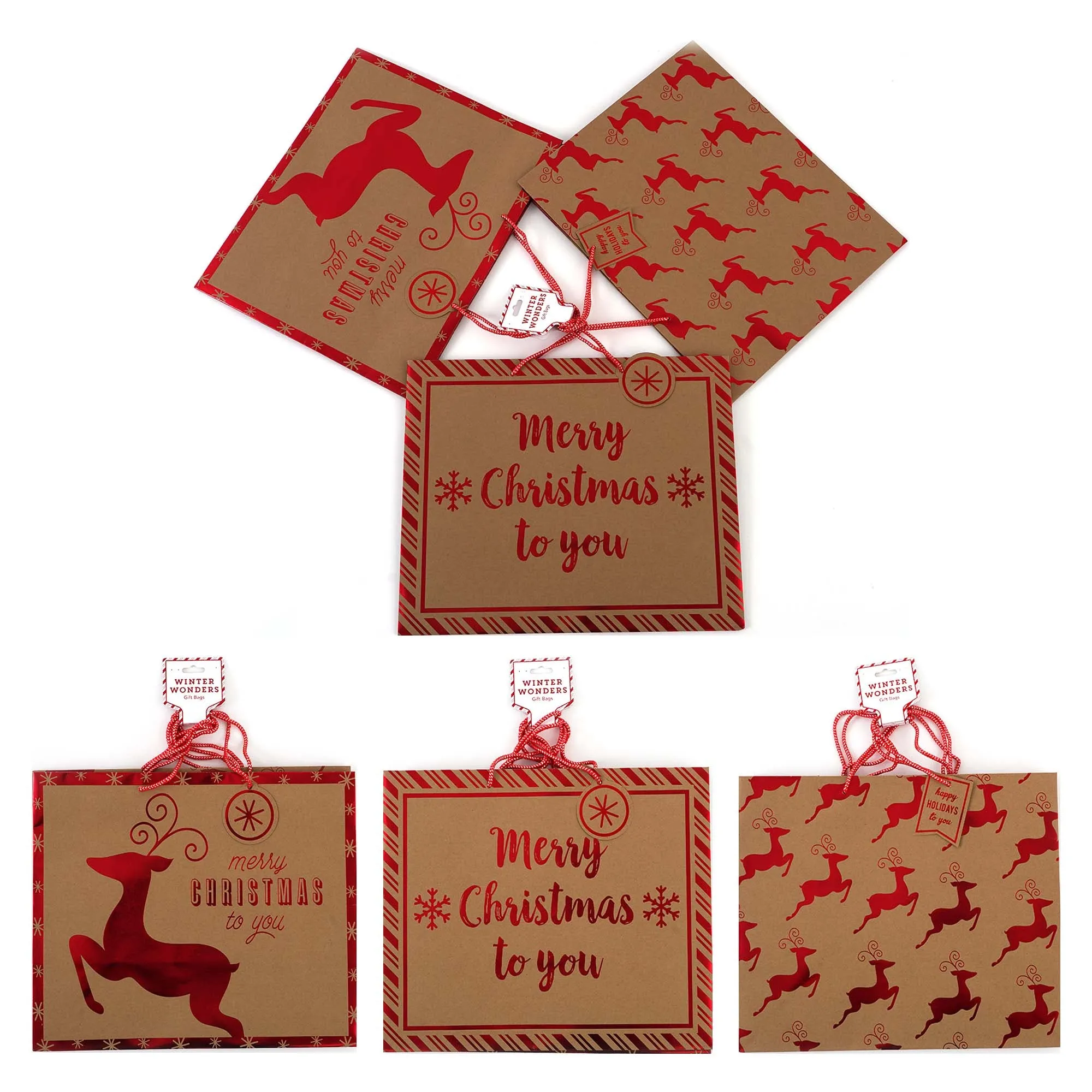 Christmas-Horizontal Jumbo Reindeer Sparkle Holiday Hot Stamp Kraft Bag, Sets Of 3