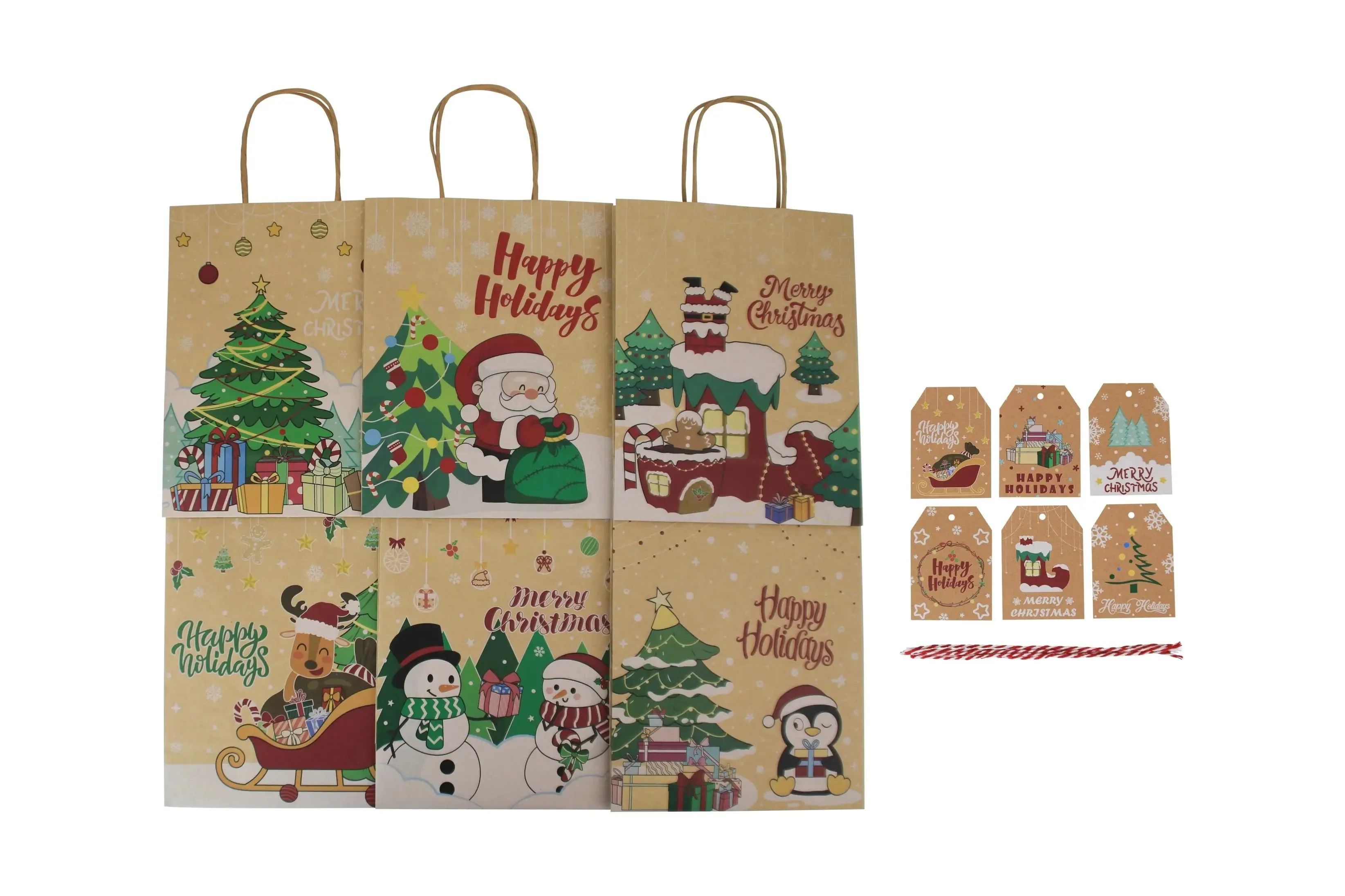 Christmas Kraft Bag with handle & tags cookie Bag x 12 pcs