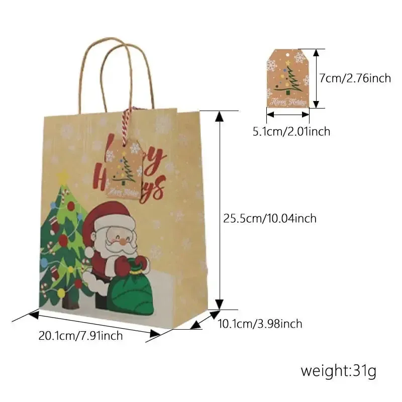 Christmas Kraft Bag with handle & tags cookie Bag x 12 pcs