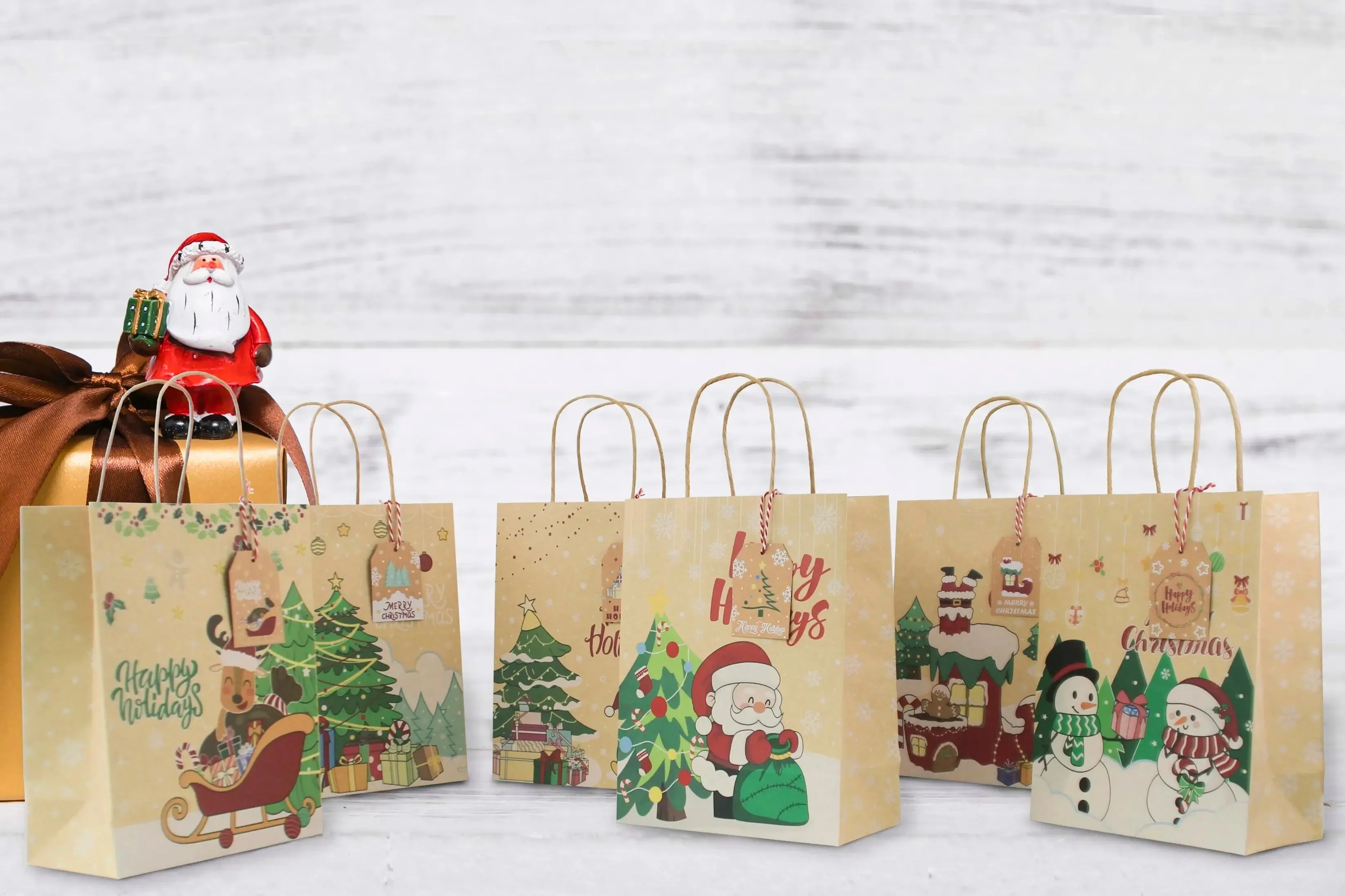 Christmas Kraft Bag with handle & tags cookie Bag x 12 pcs