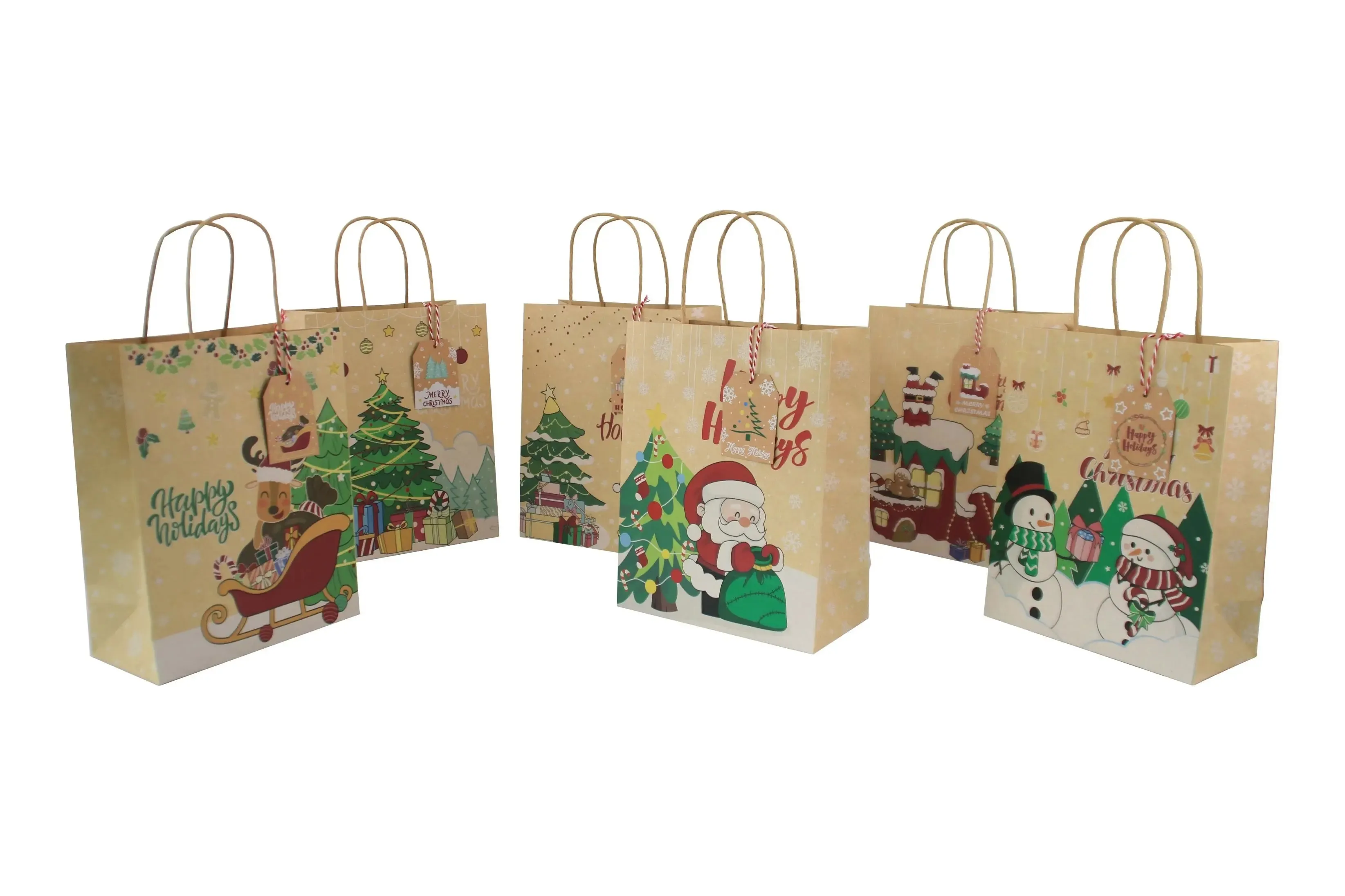 Christmas Kraft Bag with handle & tags cookie Bag x 12 pcs