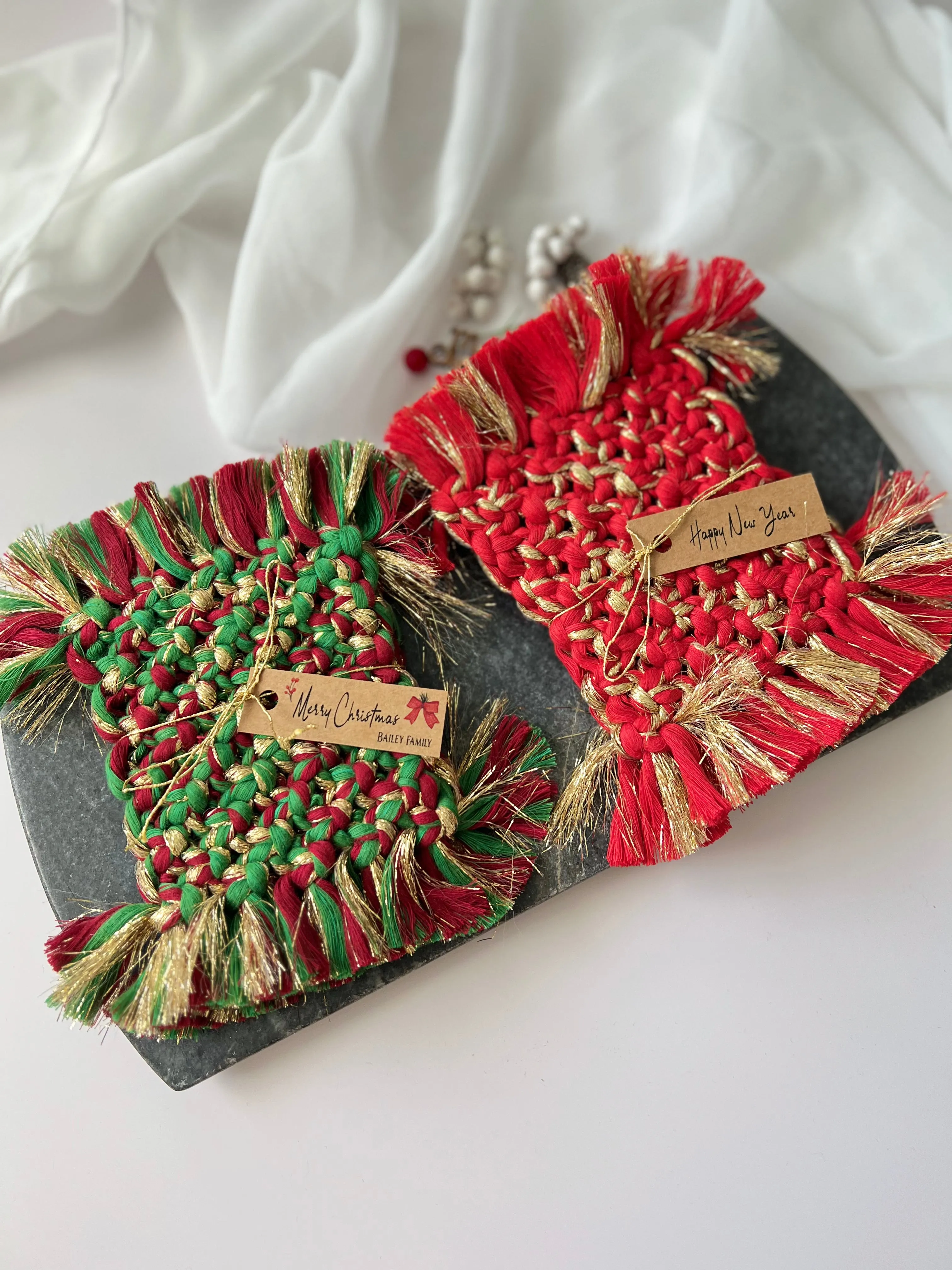 Christmas Macrame Coaster Keychain Gifts 2 pcs - Festive Holiday and New Year's Decor