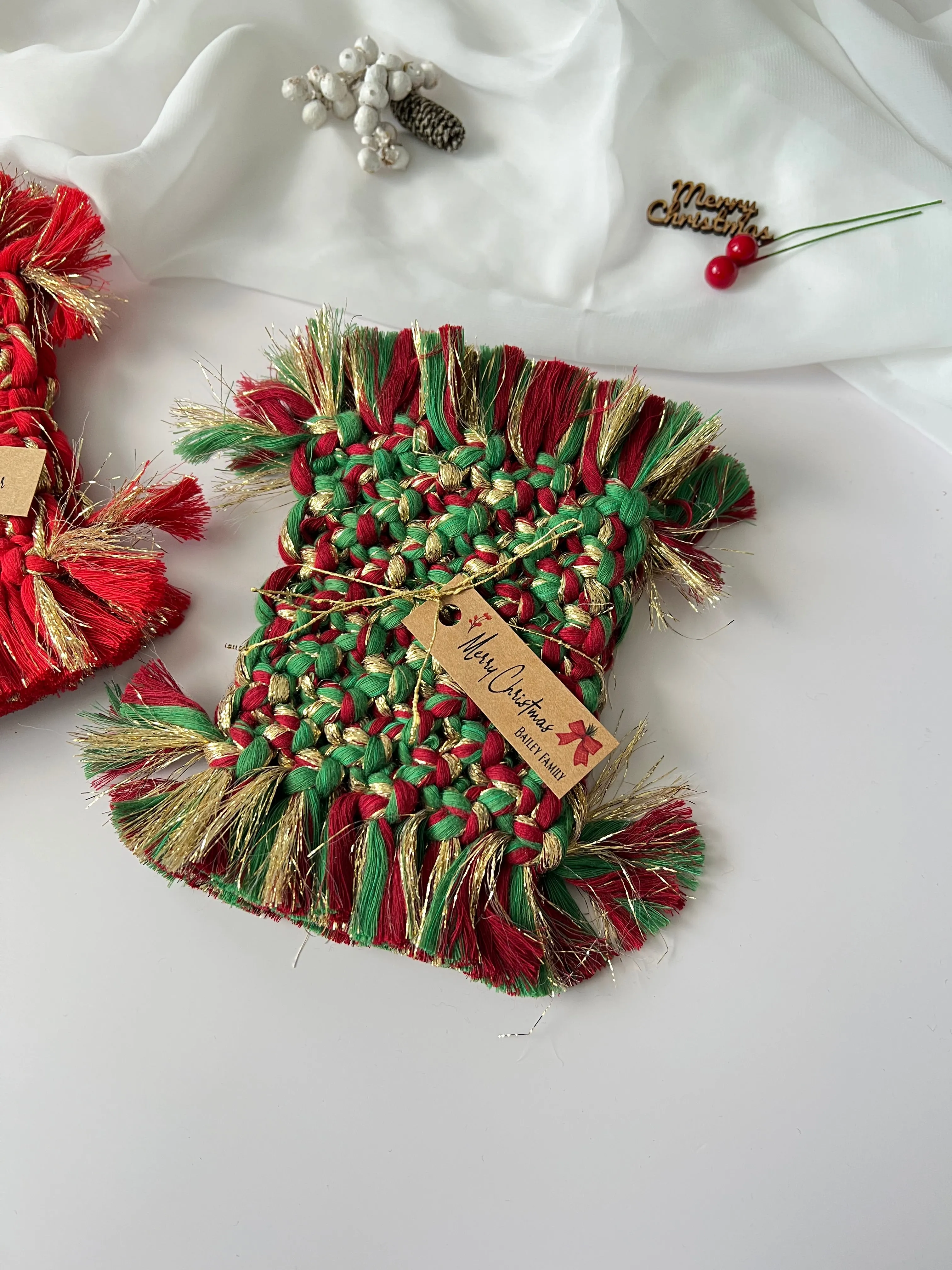 Christmas Macrame Coaster Keychain Gifts 2 pcs - Festive Holiday and New Year's Decor