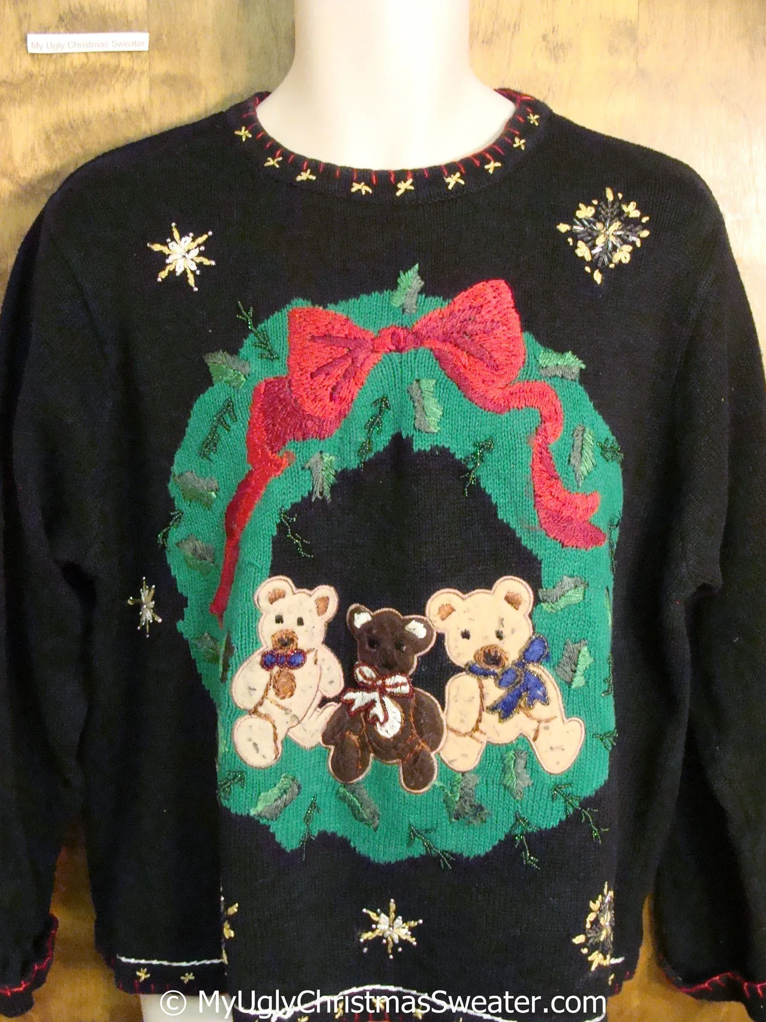 Christmas Sweater with Wreath with Three Teddy Bears