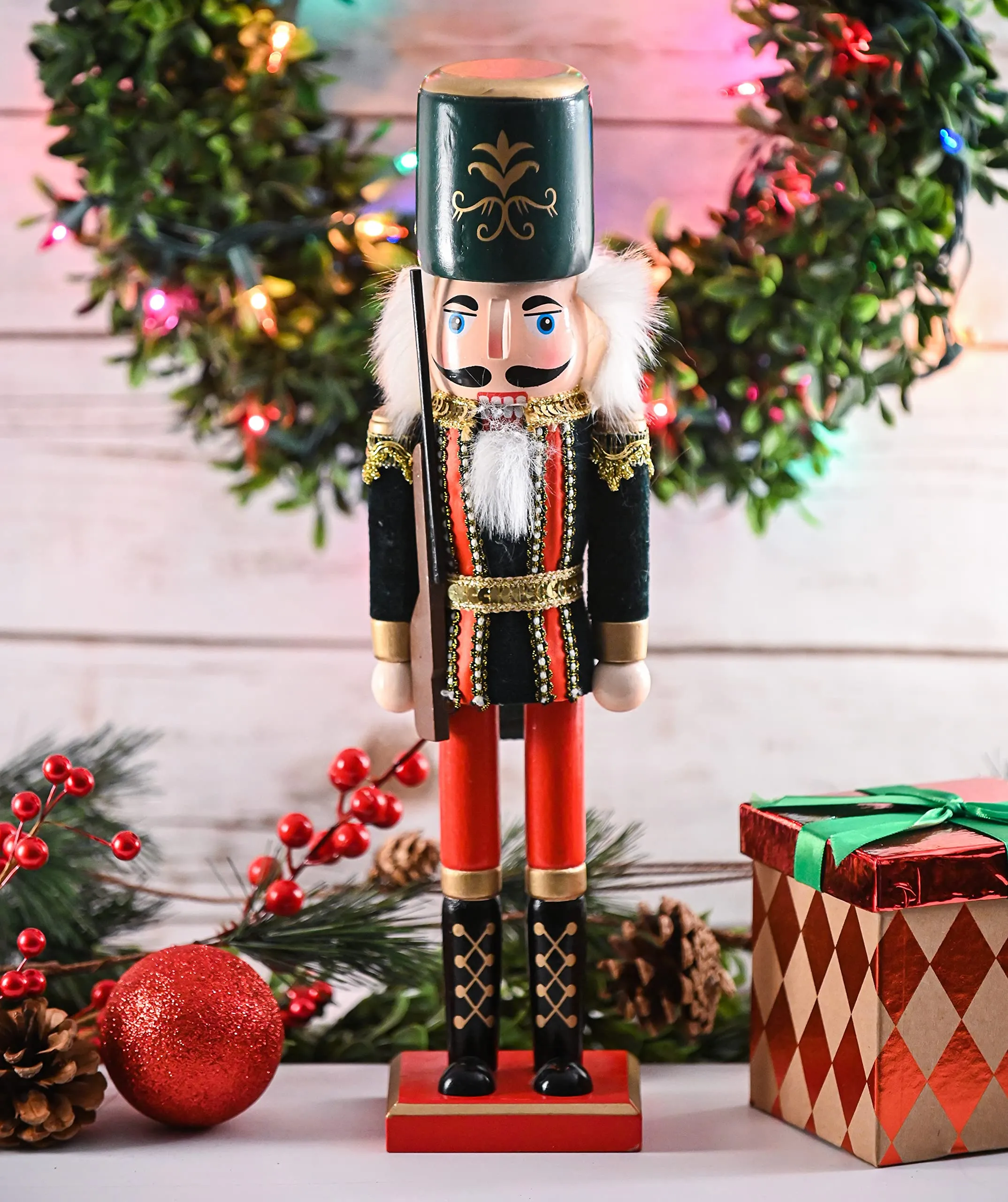 Christmas Toy Soldier Nutcracker – Red and Black Wooden Nutcracker Soldier with a Rifle Gun Xmas Themed Holiday Nut Cracker Doll Figure Decorations