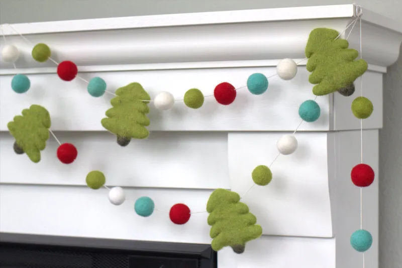 Christmas Tree Felt Garland- Turquoise, Red, Green, White