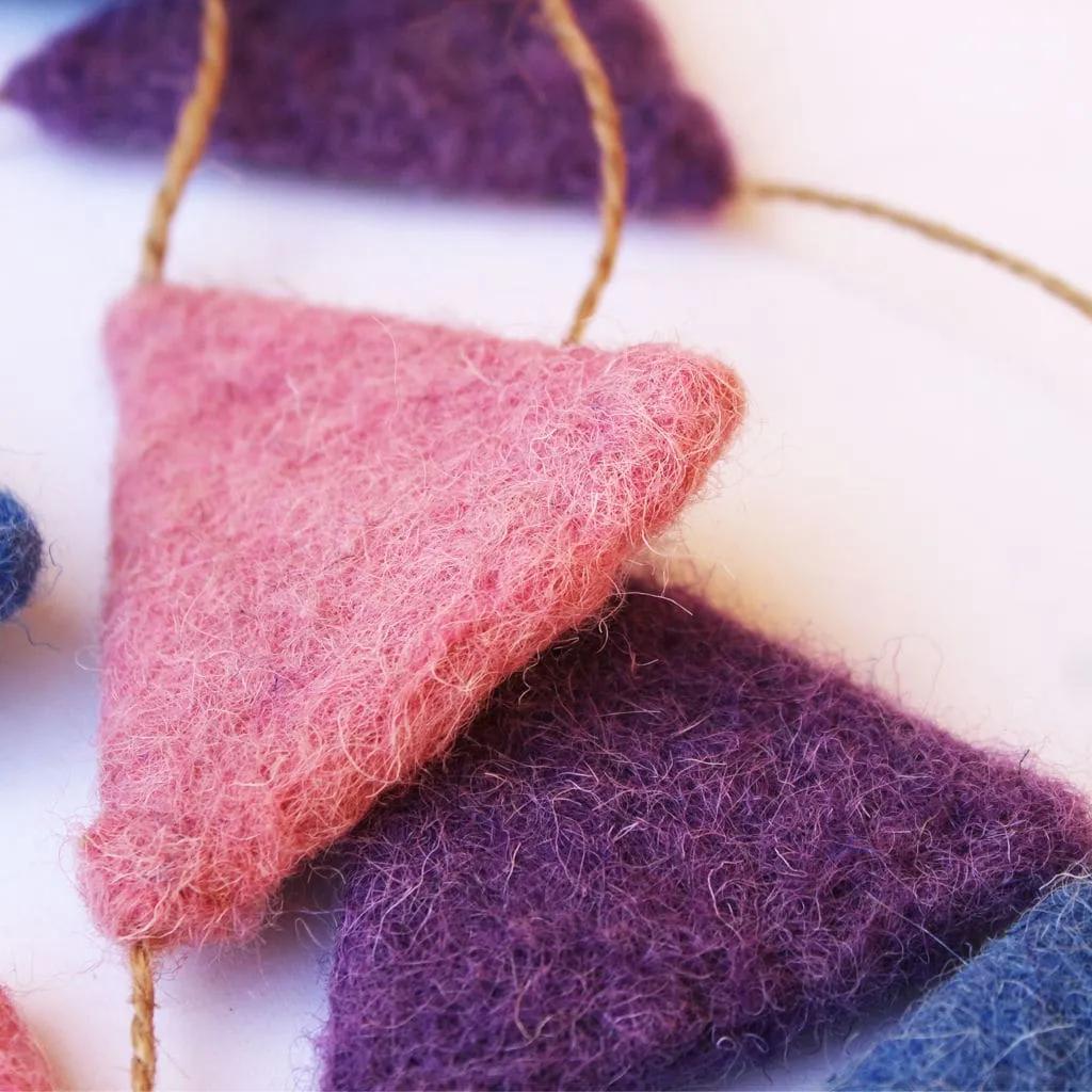 De Kulture Handmade Premium Wool Felt Triangle Garland Eco Friendly Christmas Tree Ornament Home Office Wedding Party Holiday Decoration Banner 48 Inches Long PINK INDIGO & PURPLE SET OF 2