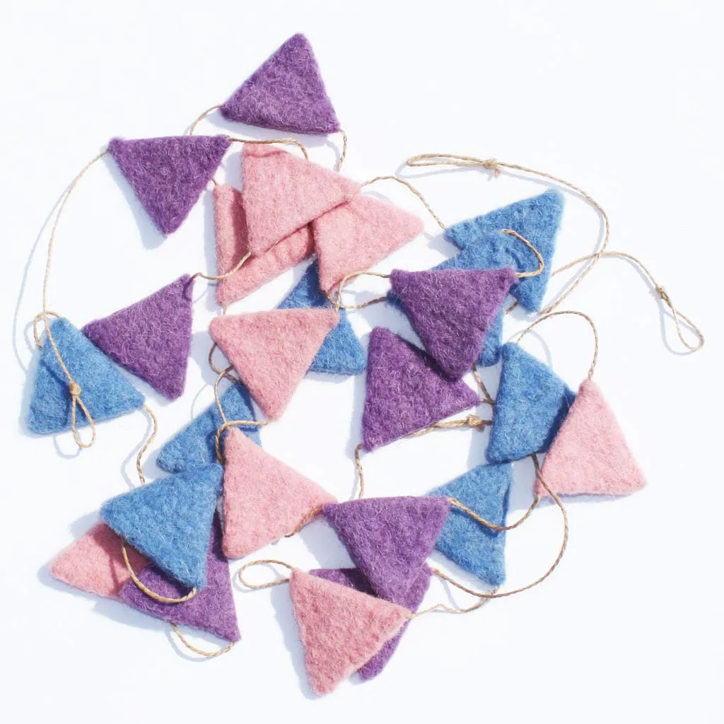 De Kulture Handmade Premium Wool Felt Triangle Garland Eco Friendly Christmas Tree Ornament Home Office Wedding Party Holiday Decoration Banner 48 Inches Long PINK INDIGO & PURPLE SET OF 2