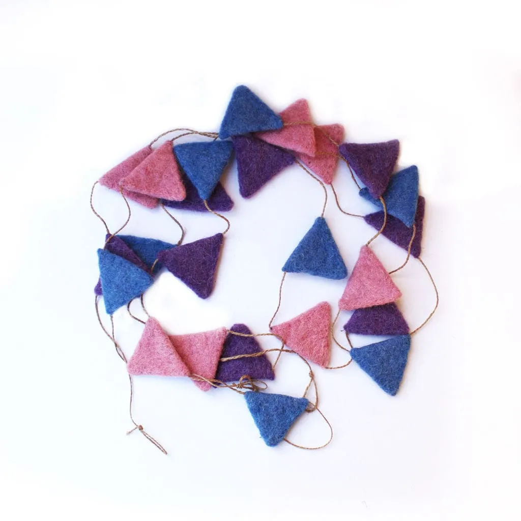 De Kulture Handmade Premium Wool Felt Triangle Garland Eco Friendly Christmas Tree Ornament Home Office Wedding Party Holiday Decoration Banner 48 Inches Long PINK INDIGO & PURPLE SET OF 2