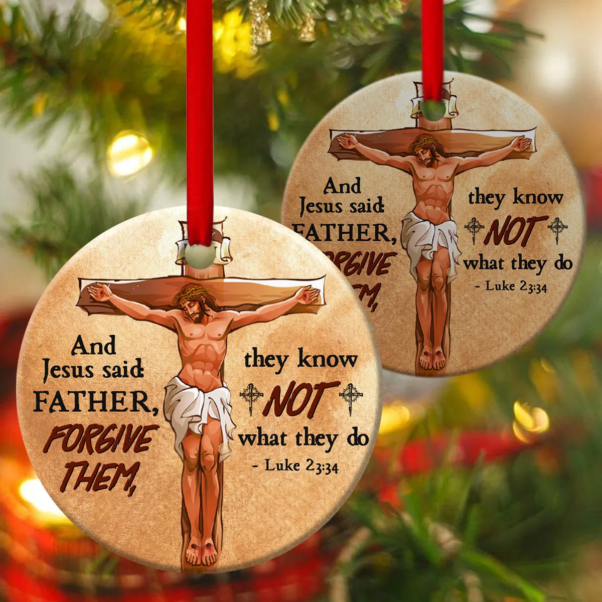 Father, Forgive Them - Unique Cross And Jesus Ceramic Circle Ornament - Unique Housewarming Gifts