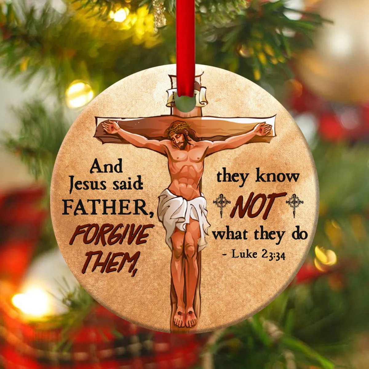 Father, Forgive Them - Unique Cross And Jesus Ceramic Circle Ornament - Unique Housewarming Gifts