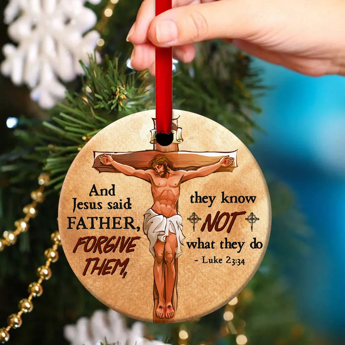 Father, Forgive Them - Unique Cross And Jesus Ceramic Circle Ornament - Unique Housewarming Gifts