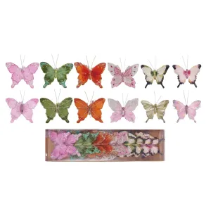 Feather Butterfly Clip-on Ornaments w/ Glitter, Boxed Set of 12