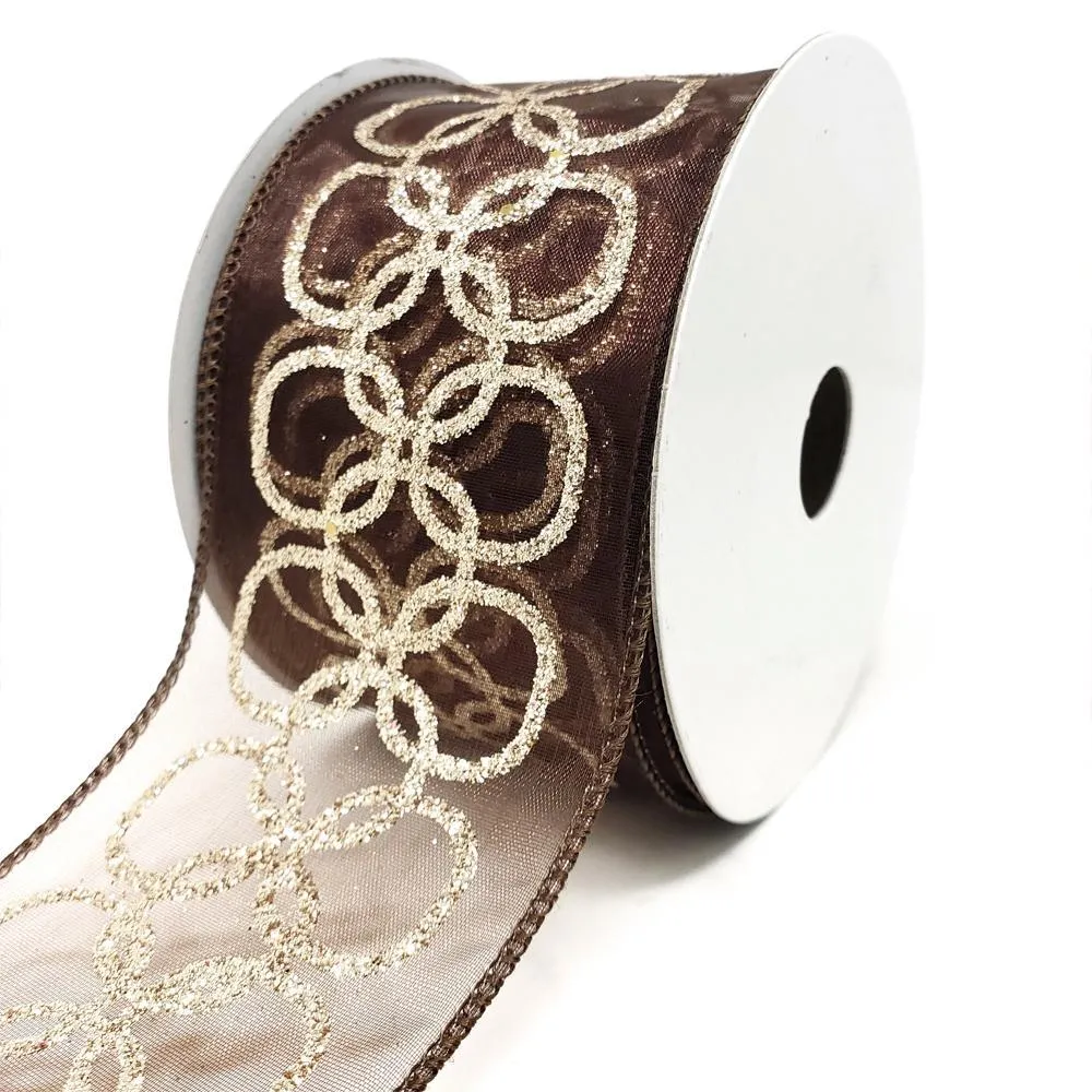 Glitter Chain Circles Sheer Wired Ribbon, Brown, 2-1/2-Inch, 10-Yard