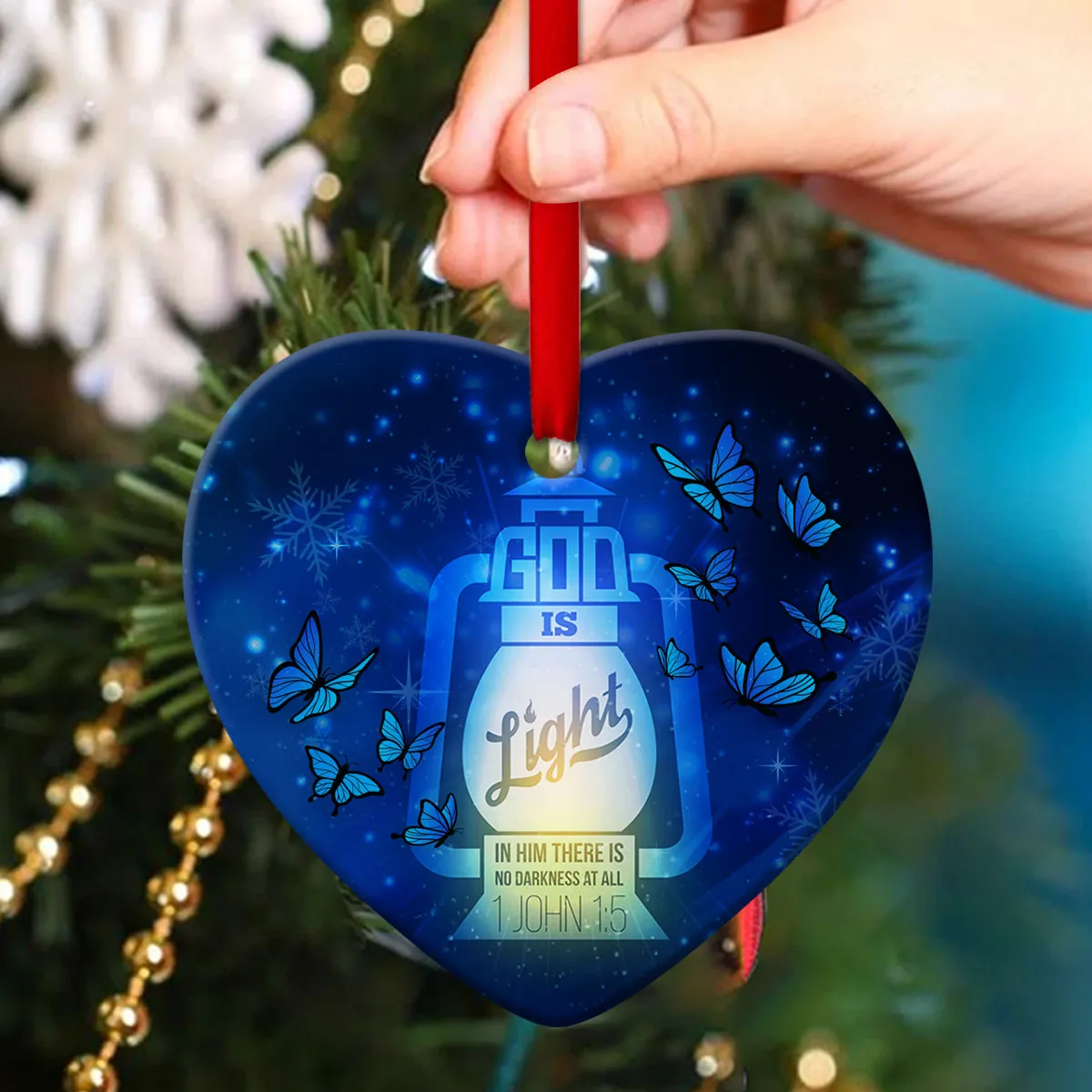 God Is Light - Lantern Lamp Ceramic Heart Ornament - Nativity Ornaments - Christian Gift For Friends