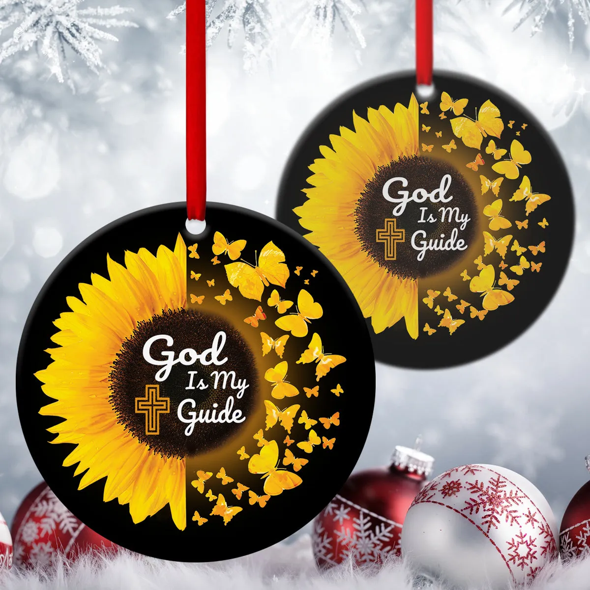 God Makes My Way - Beautiful Sunflower Ceramic Circle Ornament - Christian Gift For Friends